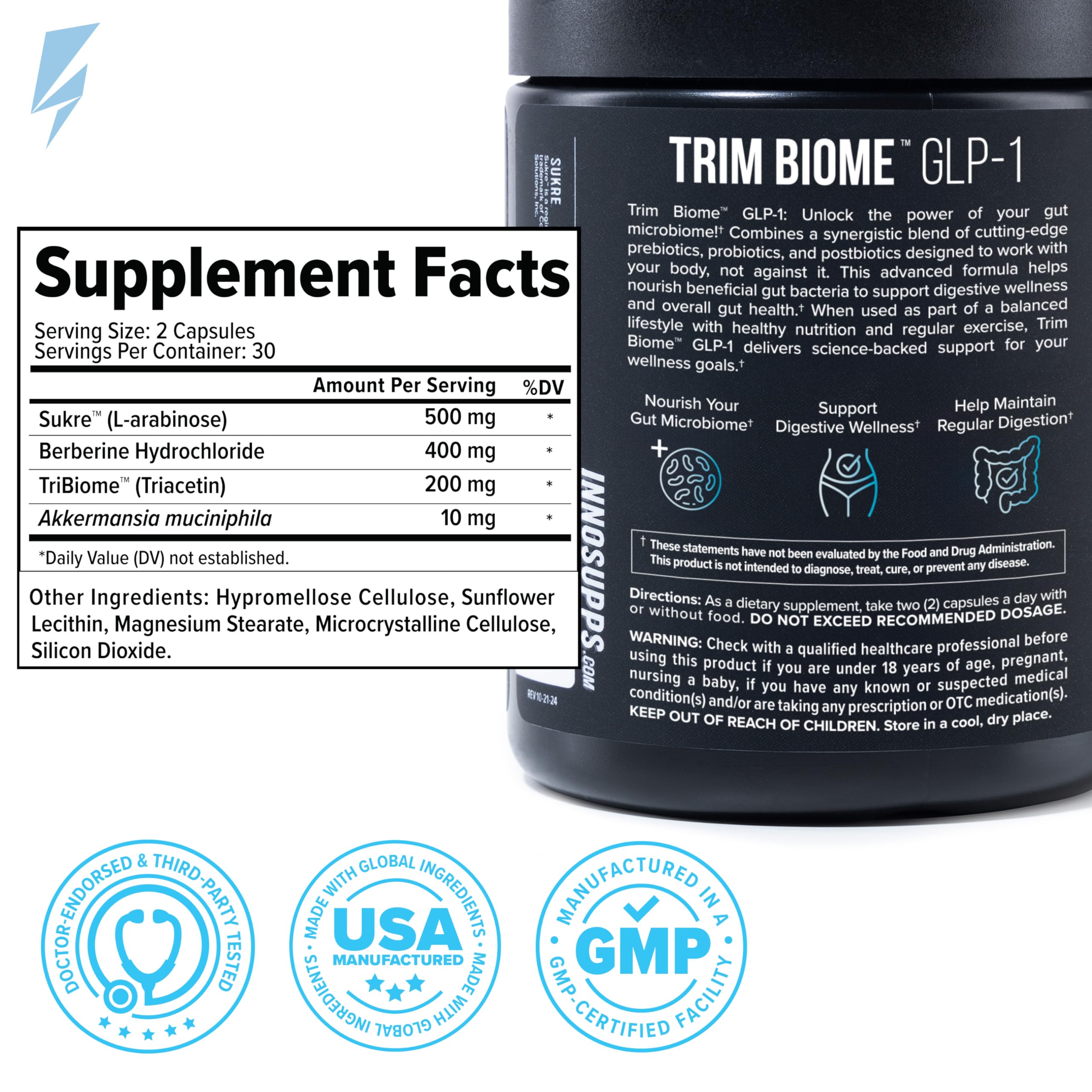 InnoSupps Trim Biome GLP-1 - Gut Health + Metabolic Support* - Prebiotic + Probiotic + Postbiotic - Akkermansia + Berberine - 60 Capsules. 30 Servings InnoSuppsAu supplements