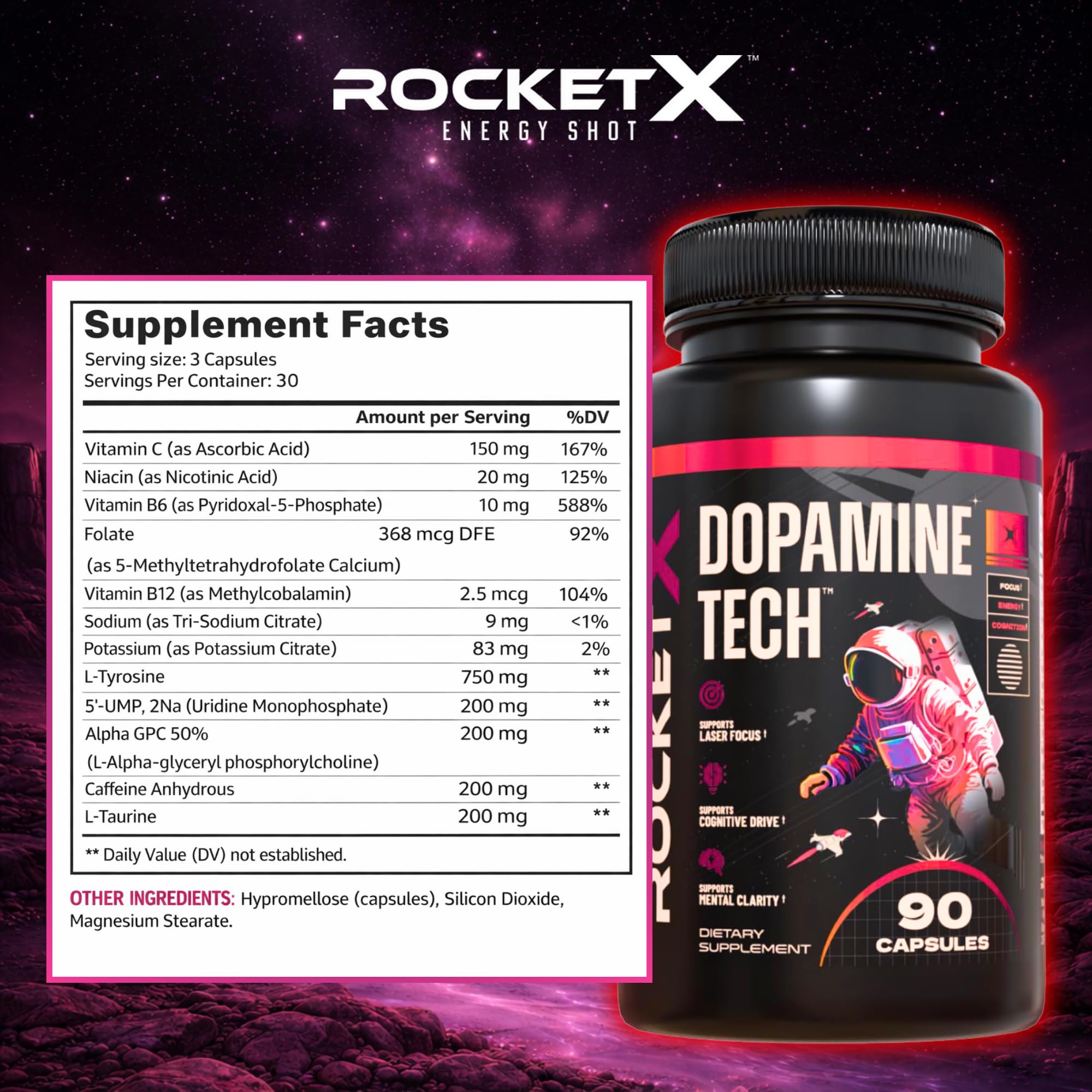 RocketX Dopamine Tech Brain Food Supplement, with L-Tyrosine and B Vitamins for Focus, Mental Clarity and Cognitive Drive, Vegan Capsules, 90 Capsules RocketX EnergyAu supplements