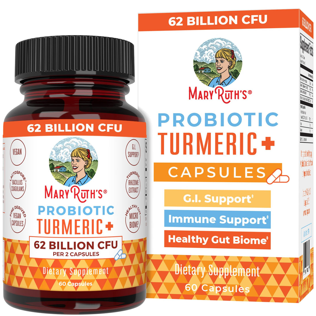 MaryRuth Organics Probiotic Turmeric + Extra GI Support | 62 Billion CFU | Organic Ingredients Turmeric Complex with Probiotics | Turmeric Curcumin Capsules for Digestion | Vegan | 60 Count MARYRUTH'SUS supplements