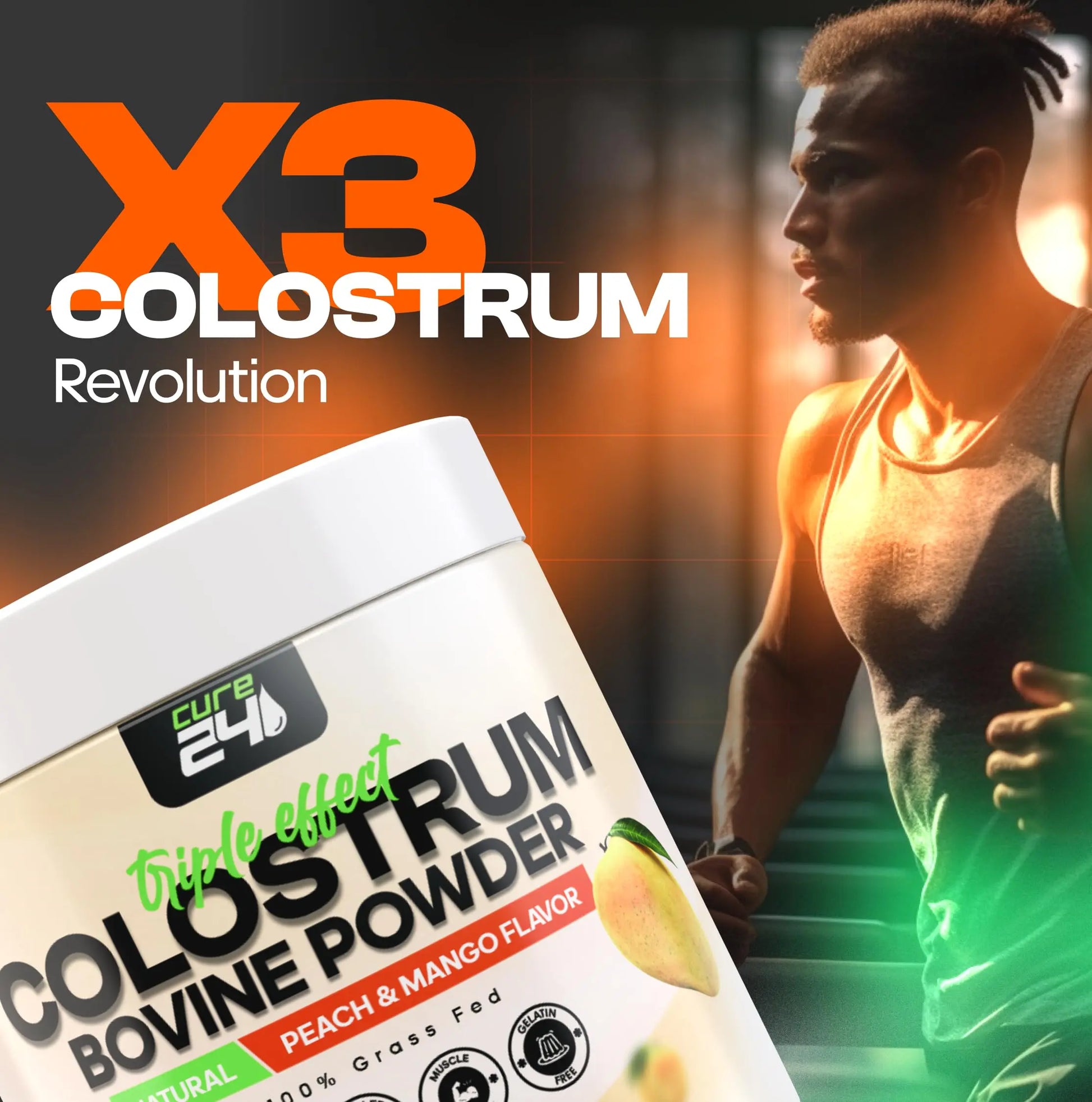 Cure24 Bovine X3 Colostrum Supplement Powder for Humans, 100% Pure Whole Natural Grass Fed Superfood, High IgG, Plus Probiotic & Prebiotic, Natural Peach-Mango Flavor, Made in USA Cure24nz supplements