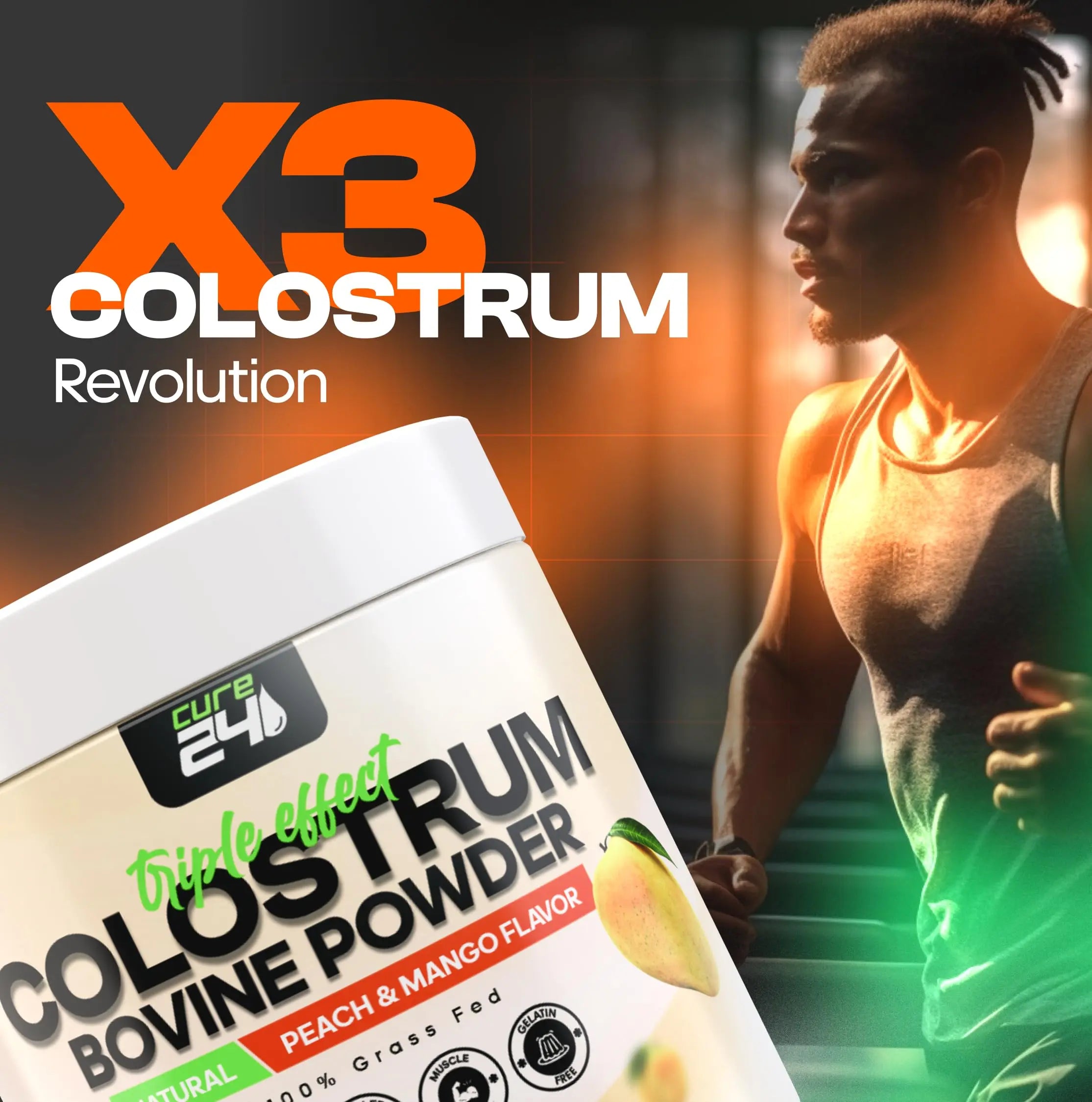 Cure24 Bovine X3 Colostrum Supplement Powder for Humans, 100% Pure Whole Natural Grass Fed Superfood, High IgG, Plus Probiotic & Prebiotic, Natural Peach-Mango Flavor, Made in USA Cure24nz supplements
