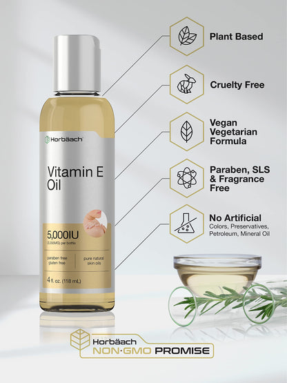 Vitamin E Oil | 5000 IU | 8 oz (2 x 4oz) Value Pack | for Skin, Hair, Face & Body | Vegetarian HorbäachUS supplements