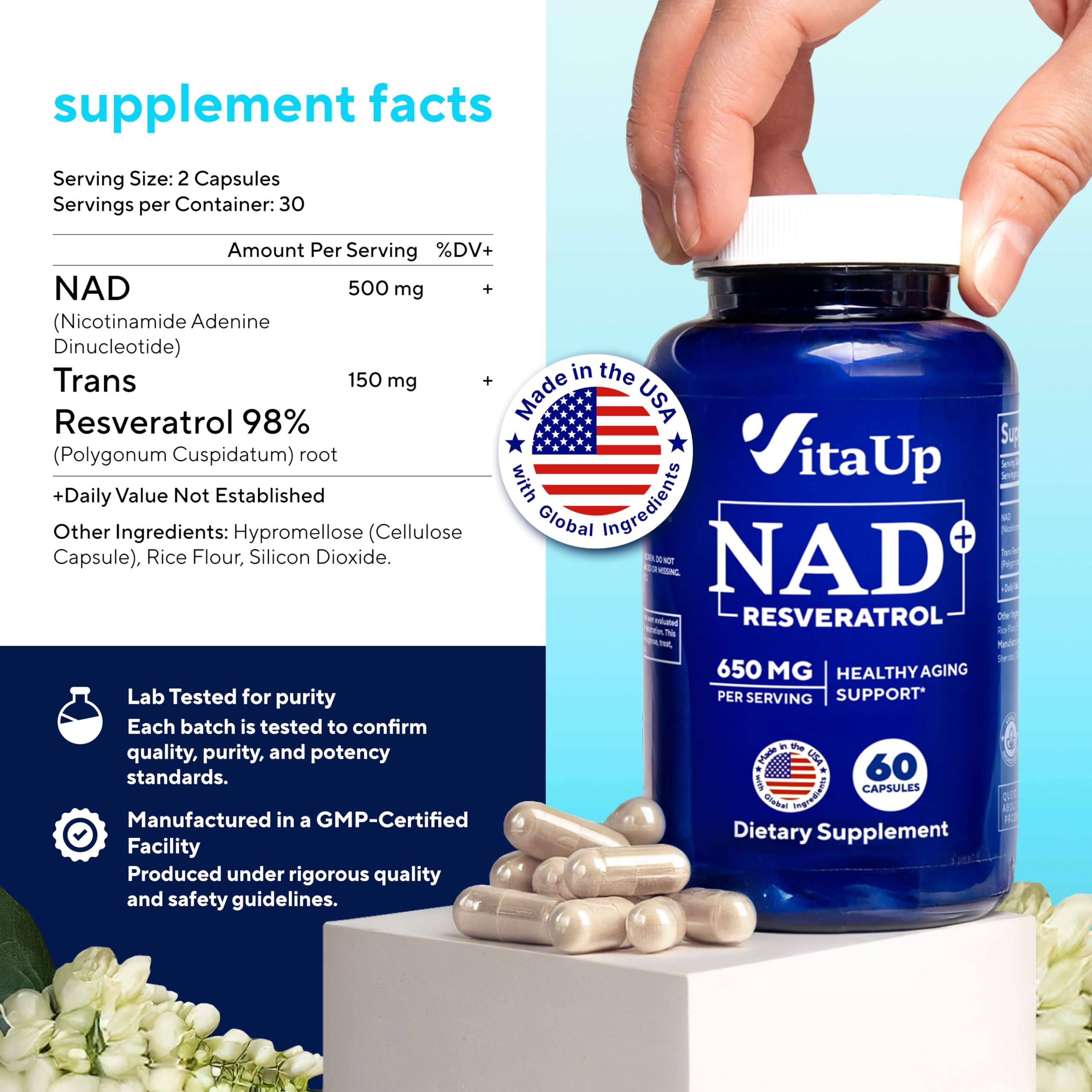 VitaUp NAD+ Resveratrol Supplement - USA Made Trans Resveratrol NAD Supplement 650mg - Nicotinamide Adenine Dinucleotide Capsules for Healthy Aging, Energy & Focus Support - 60 Count VitaUpAu supplements