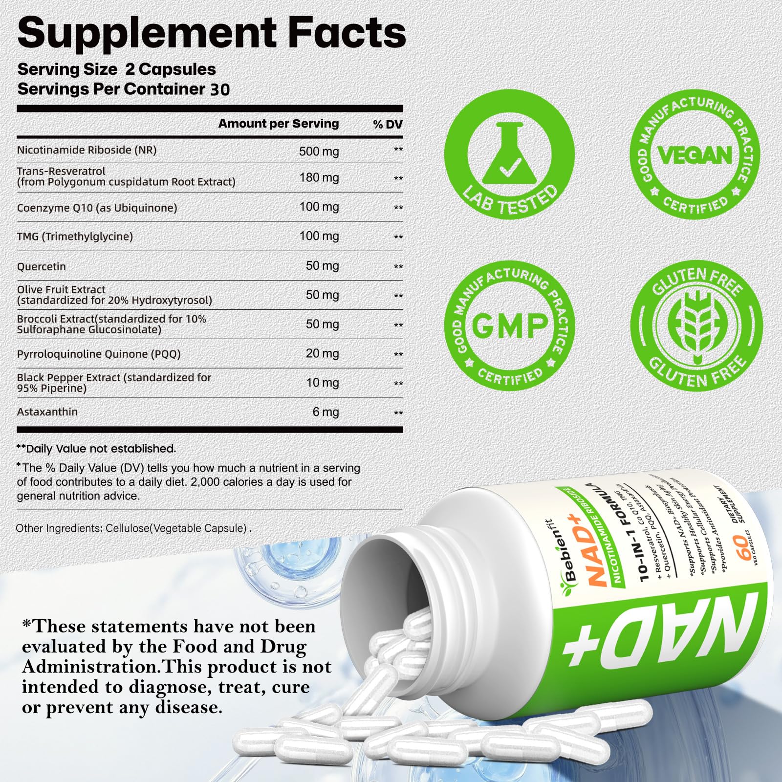 Nad Supplement for Healthy Aging | Energy| Antioxidant| Skin Health| Focus ,10-in-1 Formula with NR,Trans-Resveratrol,CoQ10,Astaxanthin,PQQ,TMG,Quercetin,Olive Fruit Nad+ for Women Men,60 Vegan Caps Bebien fitAu supplements