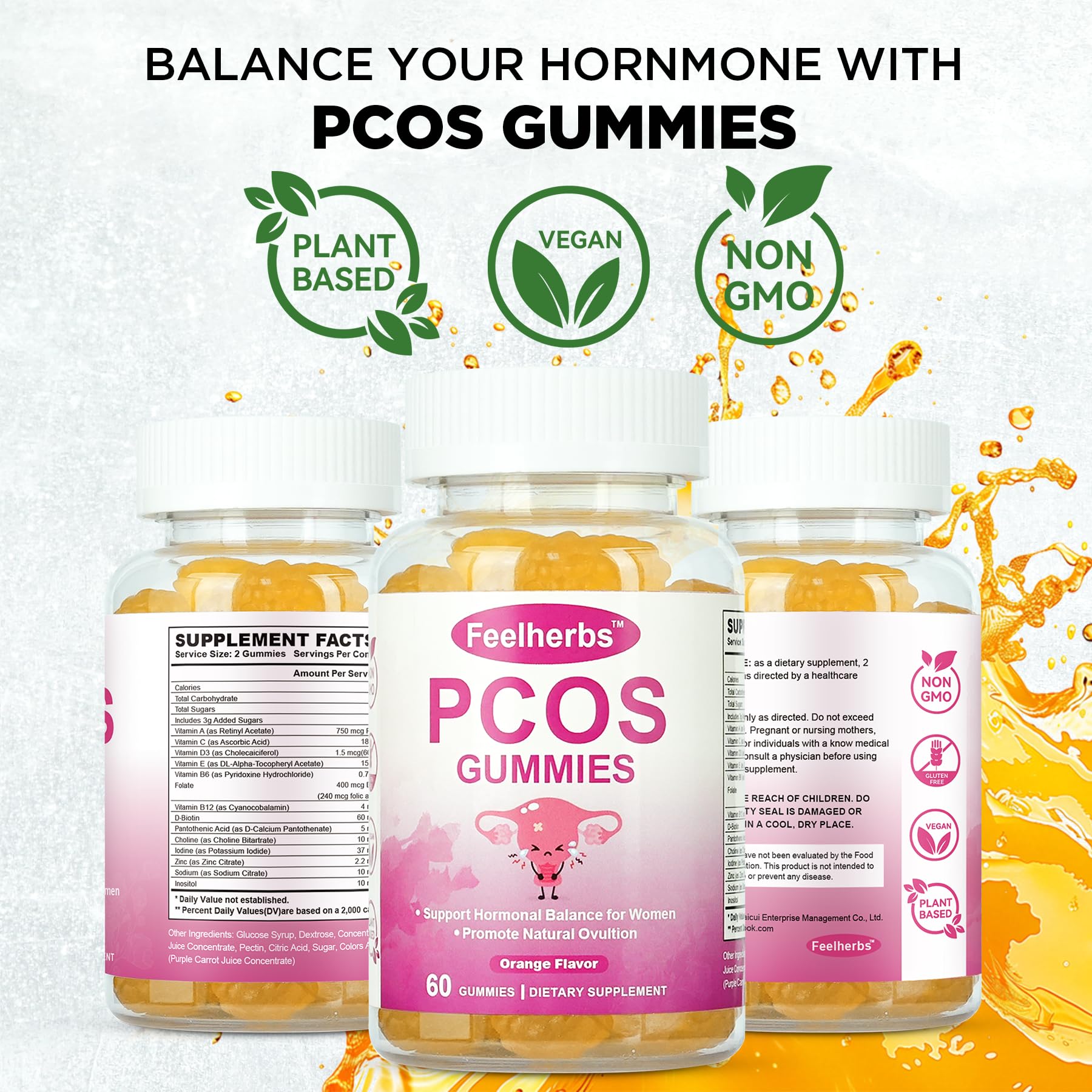 PCOS Gummies for Women Menstrual Cycle & Hormonal Balance, 60 Count Ovarian Support Gummies with Myo-Inositol, Folate and Vitamins, Orange Flavor PCOS Vitamins Gummies Helps Fertility and Ovulation FeelherbsAu supplements