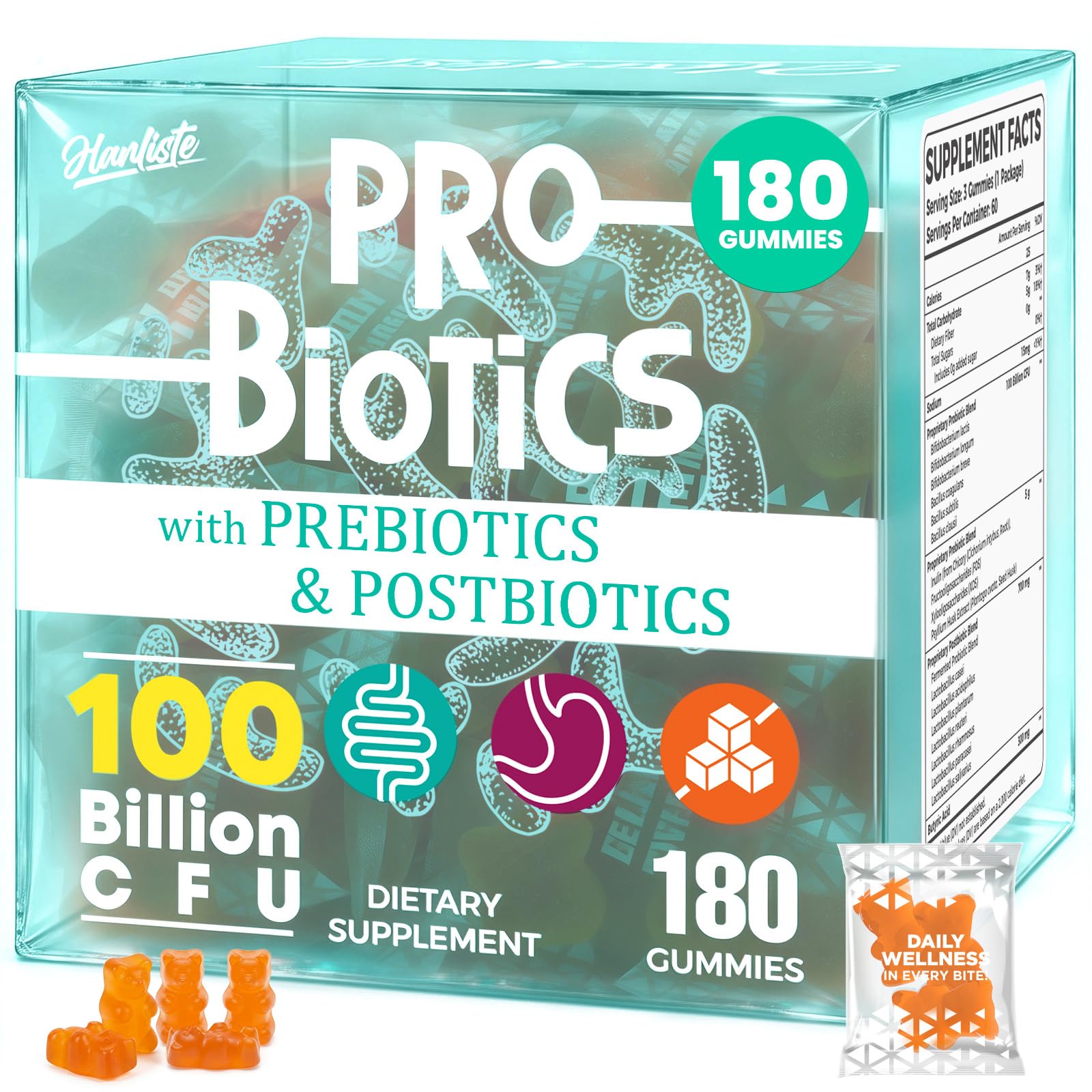 (180 Count) Probiotic Gummies, 19 in 1 Prebiotics Postbiotic Probiotic Gummies, 100 Billion CFU Probiotics for Women Men, Complete Immune, Gut & Digestive Support*, Sugar Free, Vegan HanlisteAu supplements