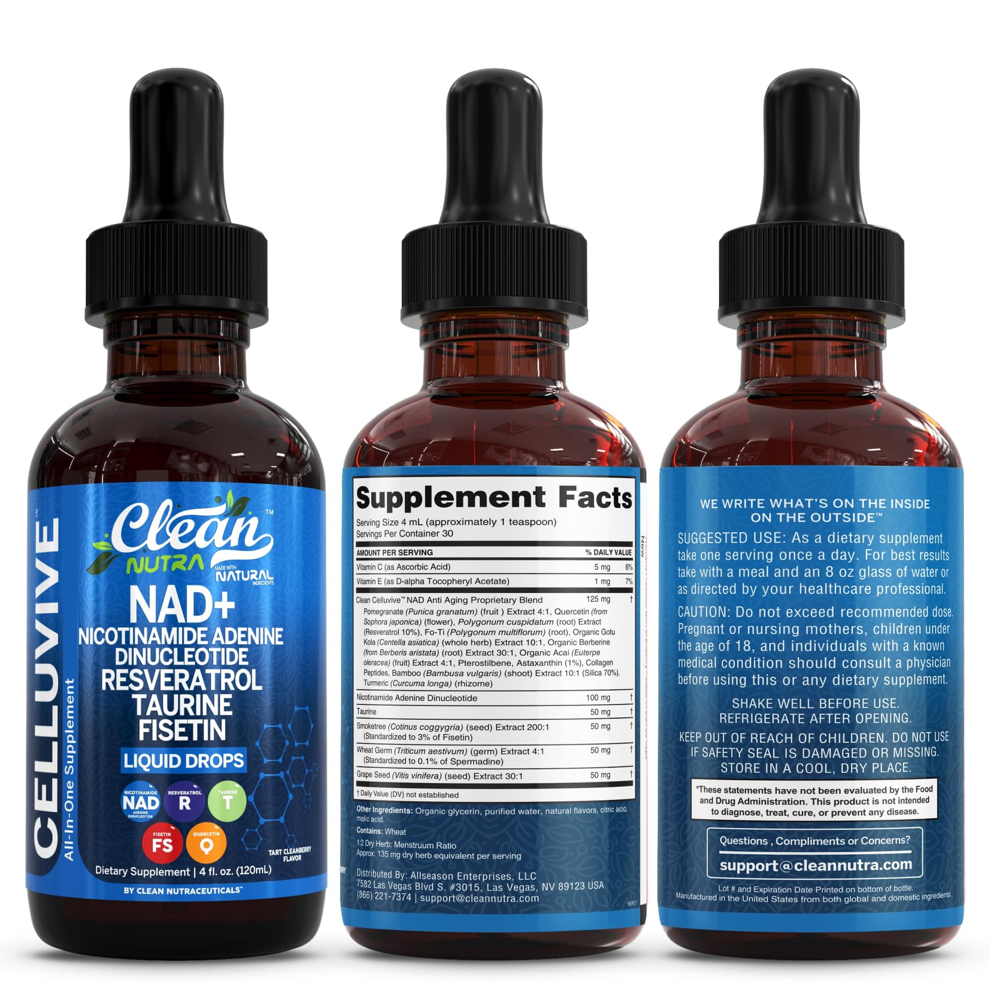 Clean Nutra NAD Liquid Supplement Drops Resveratrol Polyphenols Liposomal Taurine Fisetin Grape Seed Extract Japanese Knotweed Fo Ti Anti Aging NAD+ Nicotinamide Adenine Dinucleotide for Women & Men Clean NutraceuticalsAu supplements