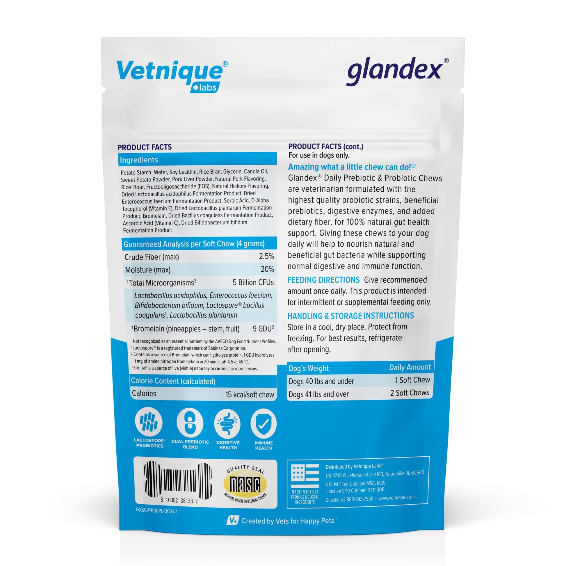 Vetnique Glandex Daily Probiotics for Dogs with Prebiotics to Support Gut Health with Fiber and Digestive Enzymes, Dog Probiotic Chews or Powders (30ct Chews, Bacon Chews) VetniqueAu supplements