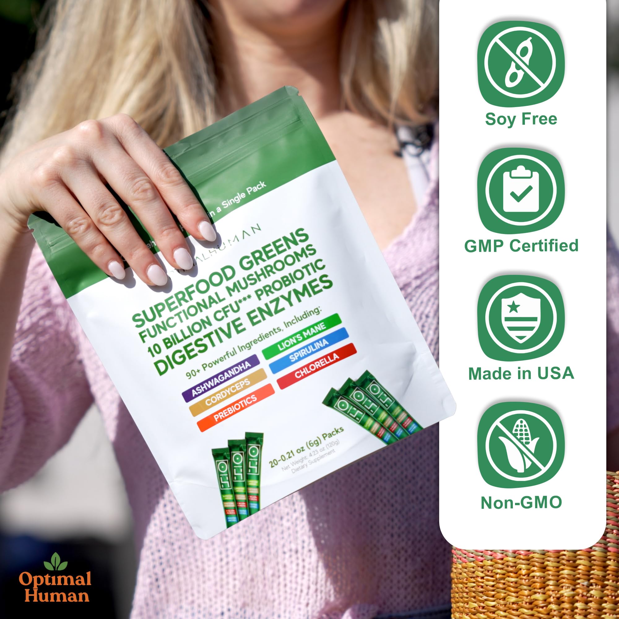 Optimal Human Superfood Greens Powder – 90+ Ingredient Blend with Lion’s Mane Supplement, Ashwagandha & Turmeric – Non-GMO, Soy-Free, Mushroom Supplements for Women – 20 Sachets O HAu supplements