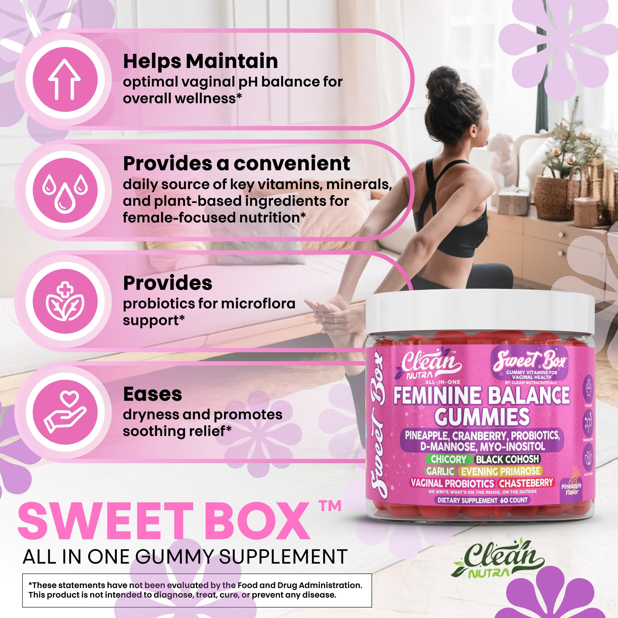 Clean Nutra Feminine Balance Gummies for Women Pineapple VaginalProbiotics pH Balance Cranberry D Mannose Supplement Inositol Black Cohosh Evening Primrose Garlic Vitex GLA Prebiotics Folate 60ct Clean NutraceuticalsAu supplements