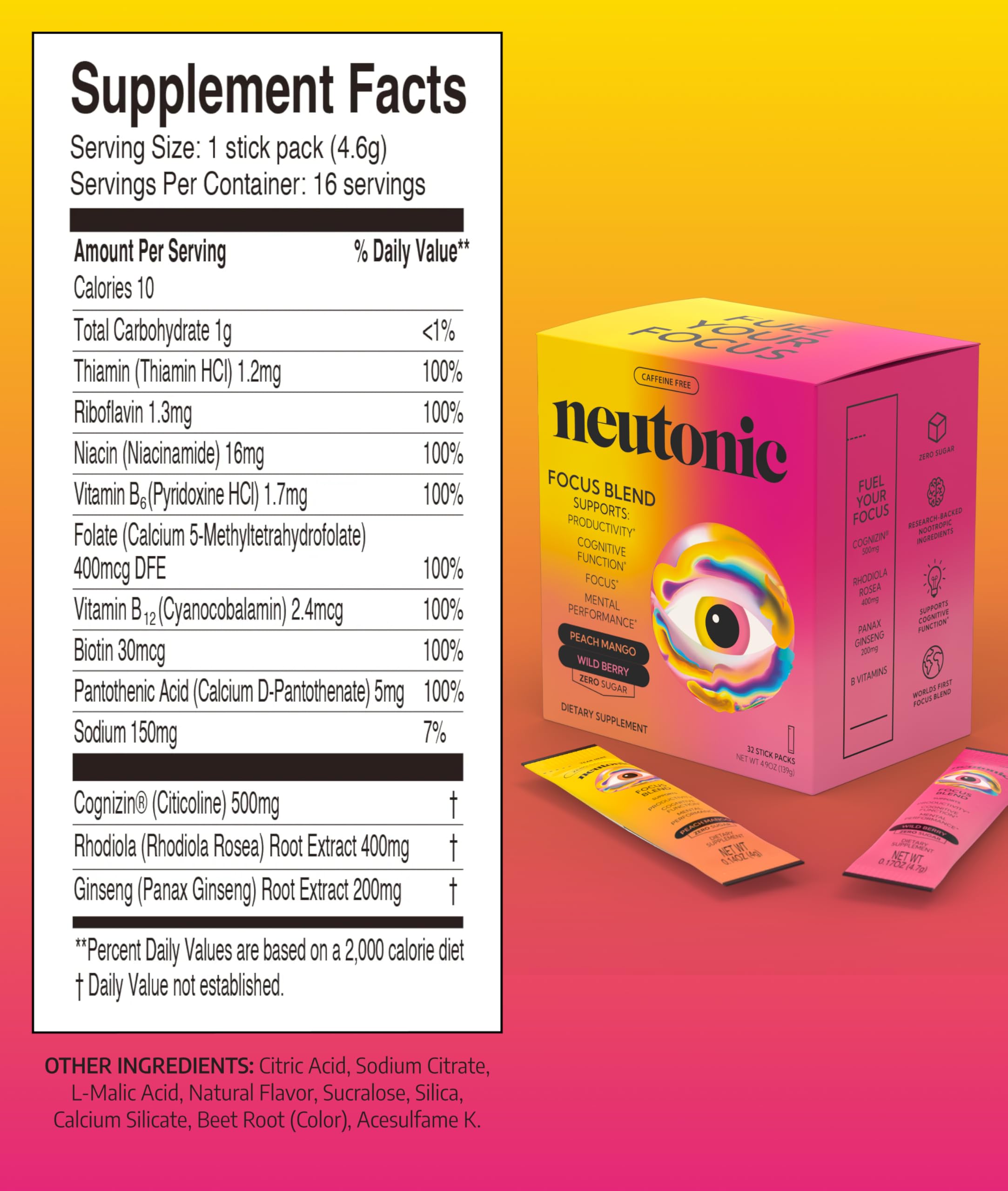 Neutonic Nootropic Focus Blend Powder | Peach Mango & Wild Berry 32 Sticks | Caffeine Free, Zero Sugar | Support Memory, Mental Clarity, Cognitive Function | Boost Focus, Energy, Brain Health NeutonicAu supplements