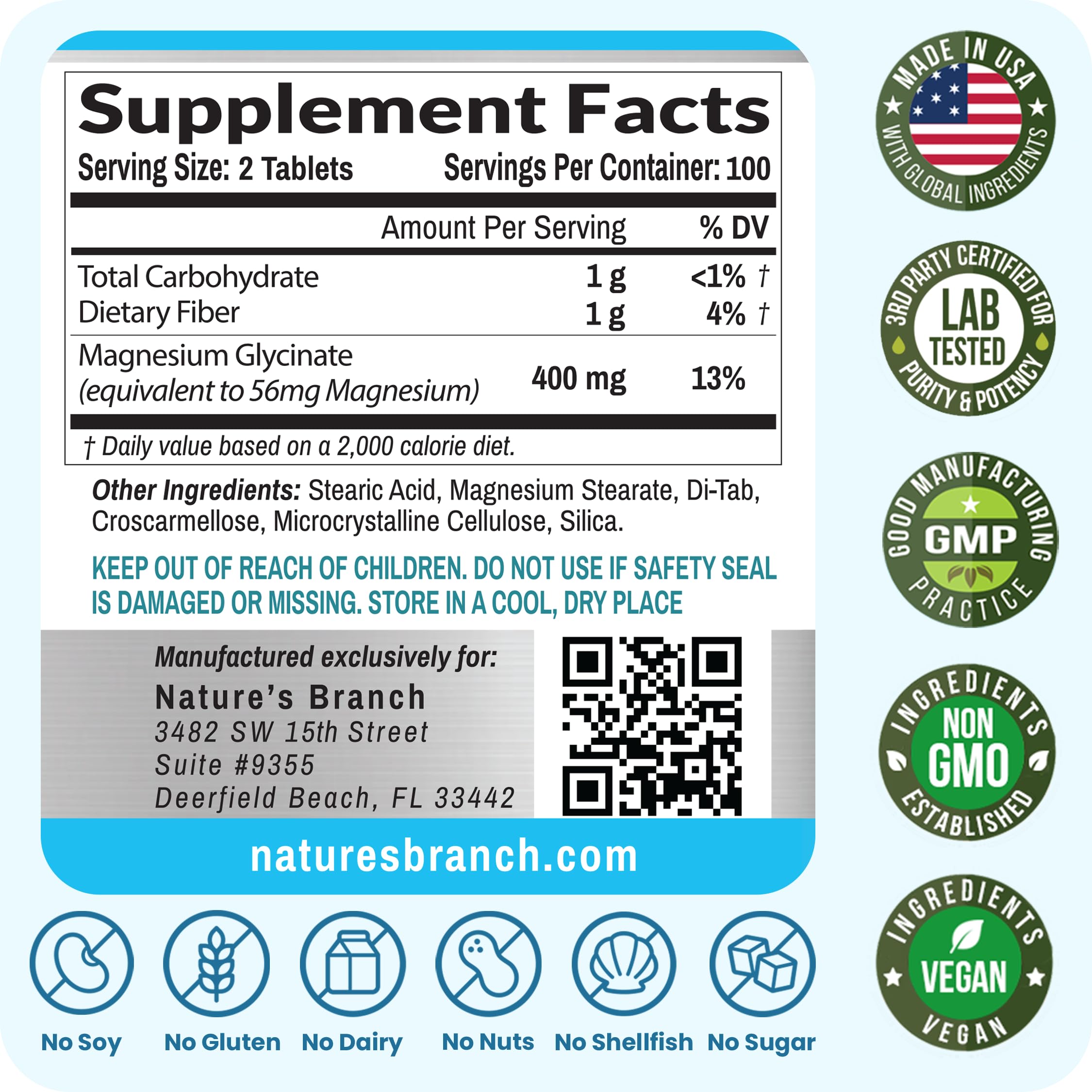 Magnesium Glycinate 400mg | 200 Tablets | High Absorption Mag Supplements for Sleep, Leg Cramps, Heart, Muscle, Calm | Non Buffered Bisglycinate, Extra Strength for Women and Men, Tablets Not Capsules NATURE'S BRANCHAu supplements