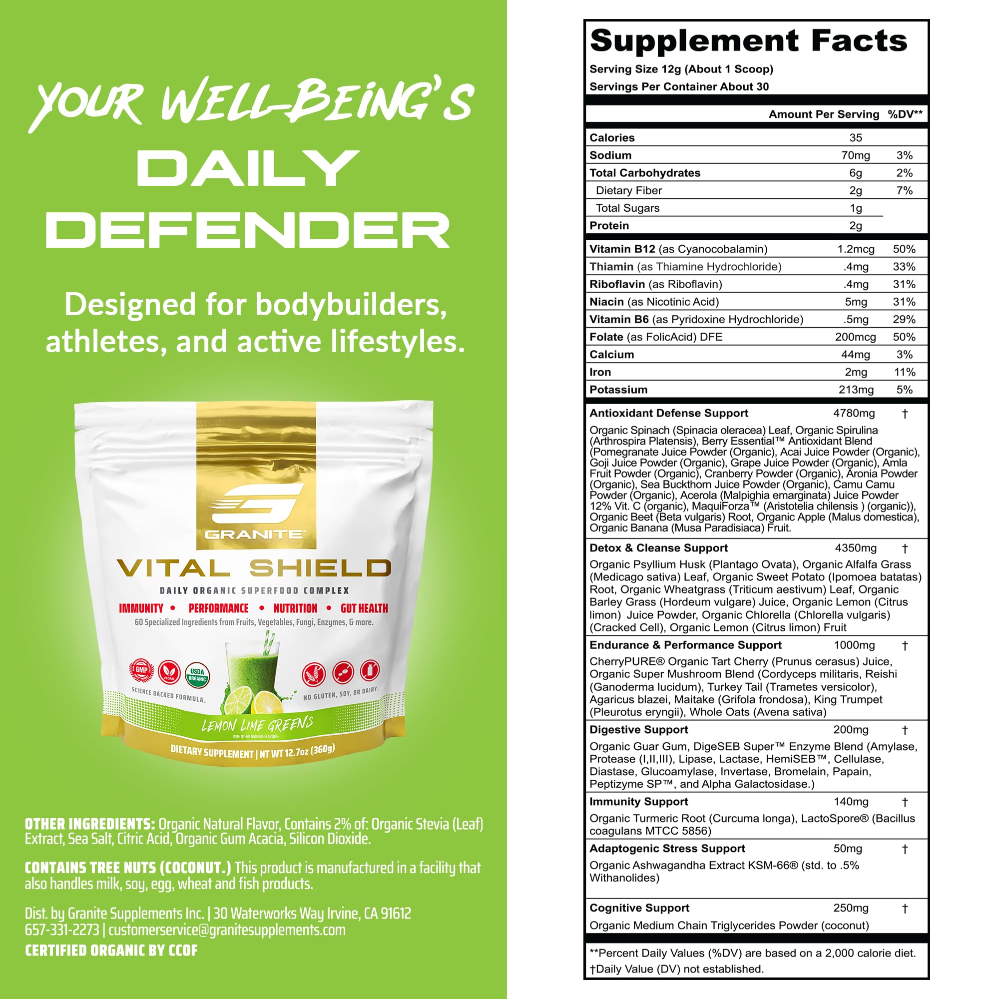 Granite Nutrition Vital Shield - USDA Organic Superfood Greens with Mushrooms & Tart Cherry – Supports Energy, Immune Function & Digestive Health – Lemon Lime Flavor (30 Servings) Granite SupplementsAu supplements