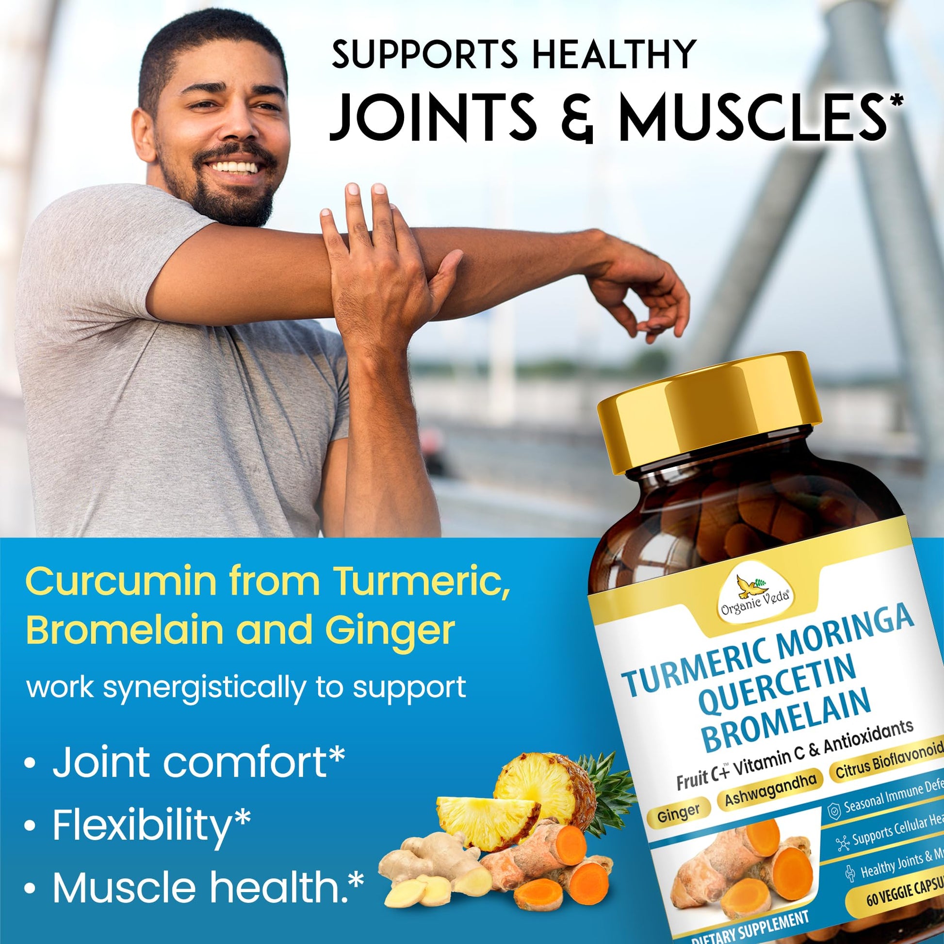 Organic Veda Turmeric Moringa Quercetin with Bromelain Capsules - Fruit C+ Vitamin C Antioxidants Immune System & Respiratory Supplement - Ashwagandha, Ginger, Citrus Bioflavonoids, 60 Vegan Capsule Organic VedaAu supplements