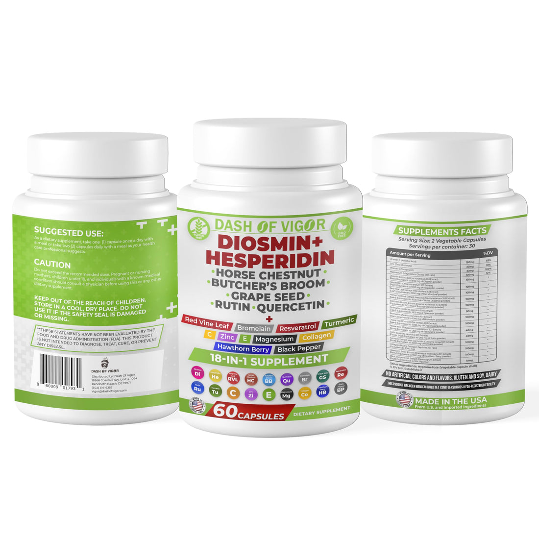 Dash of Vigor 18-in-1 Diosmin Hesperidin Supplement, Quercetin with Bromelain, Zinc, Vitamin C with Rutin Supplement, Horse Chestnut Extract, Butcher's Broom Extract, USA, 60 Capsules DASH OF VIGOR DOFVAu supplements