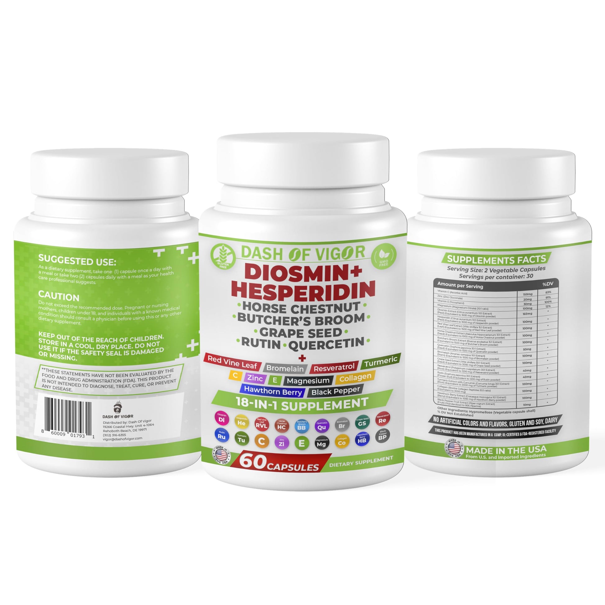 Dash of Vigor 18-in-1 Diosmin Hesperidin Supplement, Quercetin with Bromelain, Zinc, Vitamin C with Rutin Supplement, Horse Chestnut Extract, Butcher's Broom Extract, USA, 60 Capsules DASH OF VIGOR DOFVAu supplements