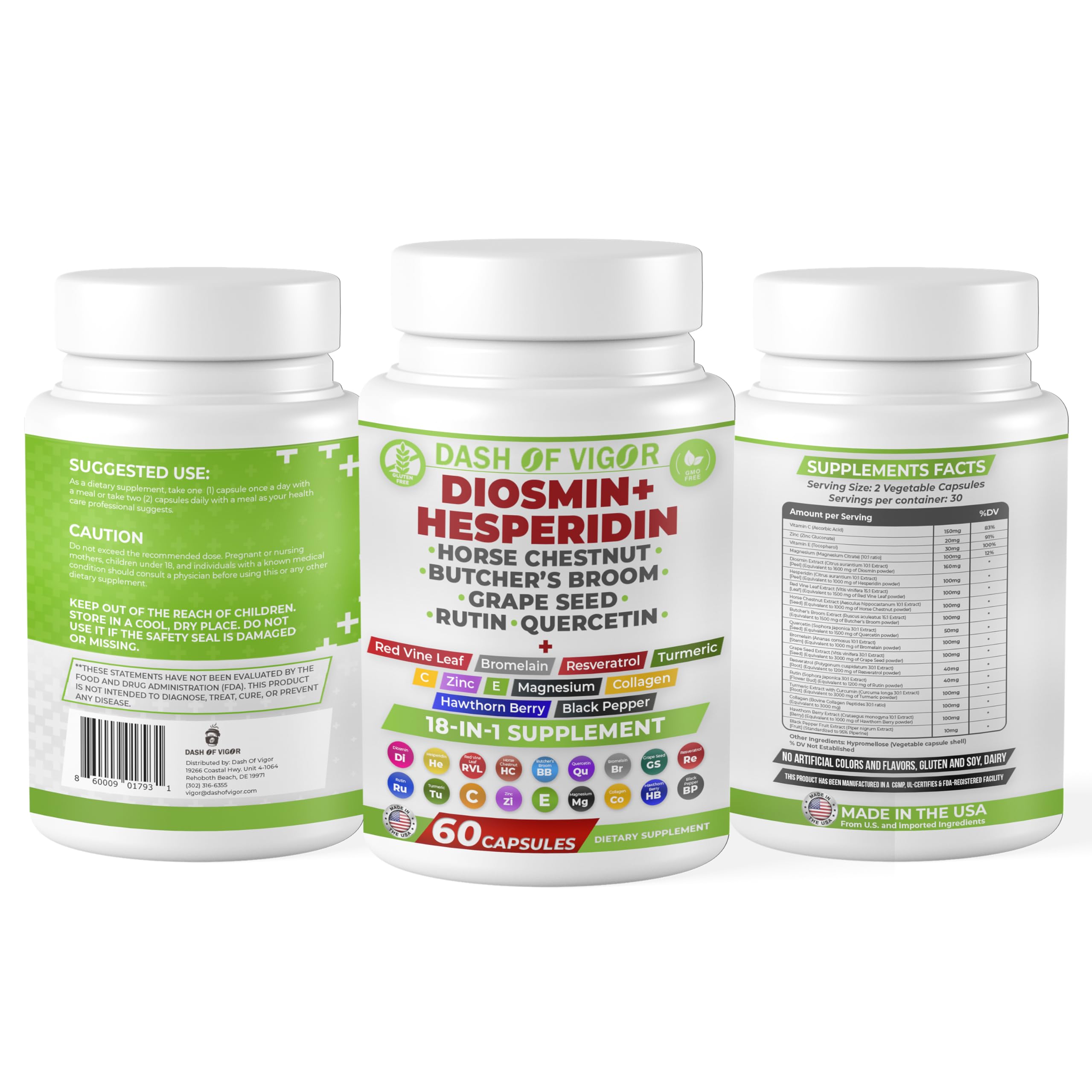 Dash of Vigor 18-in-1 Diosmin Hesperidin Supplement, Quercetin with Bromelain, Zinc, Vitamin C with Rutin Supplement, Horse Chestnut Extract, Butcher's Broom Extract, USA, 60 Capsules DASH OF VIGOR DOFVAu supplements