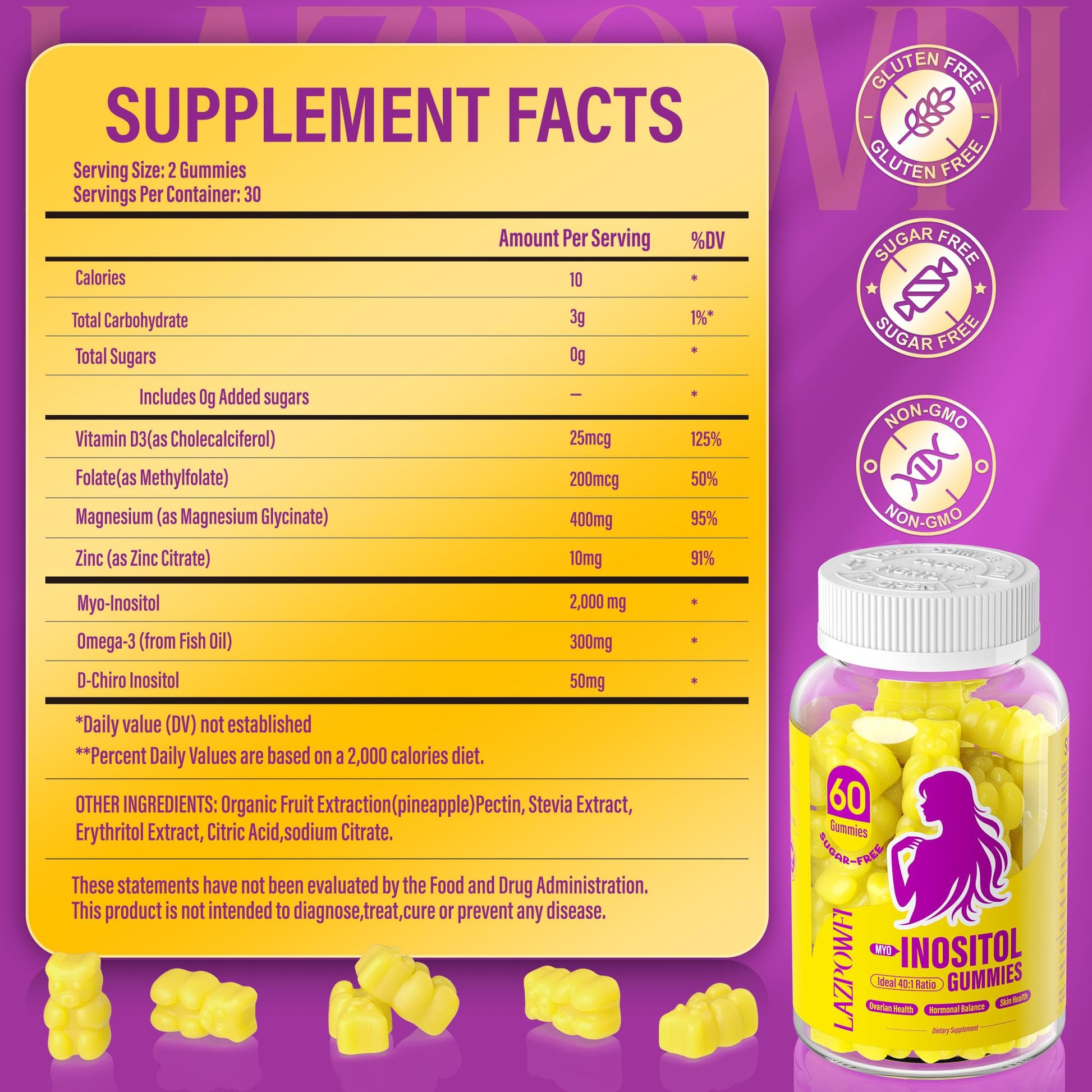 Lazpowfi Myo-Inositol & D-Chiro Inositol,Inositol Gummies with Vitamin D3, Magnesium Glycinate, Omega-3, Folate & Zinc, Inositol Supplement Menstrual Cycle for Women-40:1 Ratio-30 Day Supply LazpowfiAu supplements