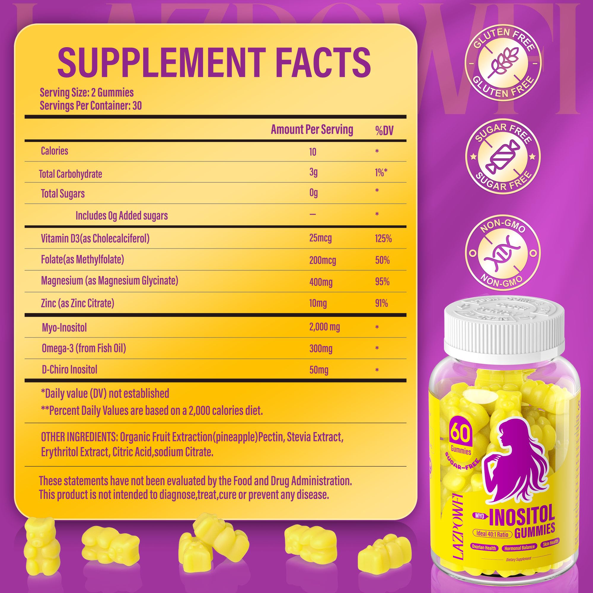 Lazpowfi Myo-Inositol & D-Chiro Inositol,Inositol Gummies with Vitamin D3, Magnesium Glycinate, Omega-3, Folate & Zinc, Inositol Supplement Menstrual Cycle for Women-40:1 Ratio-30 Day Supply LazpowfiAu supplements