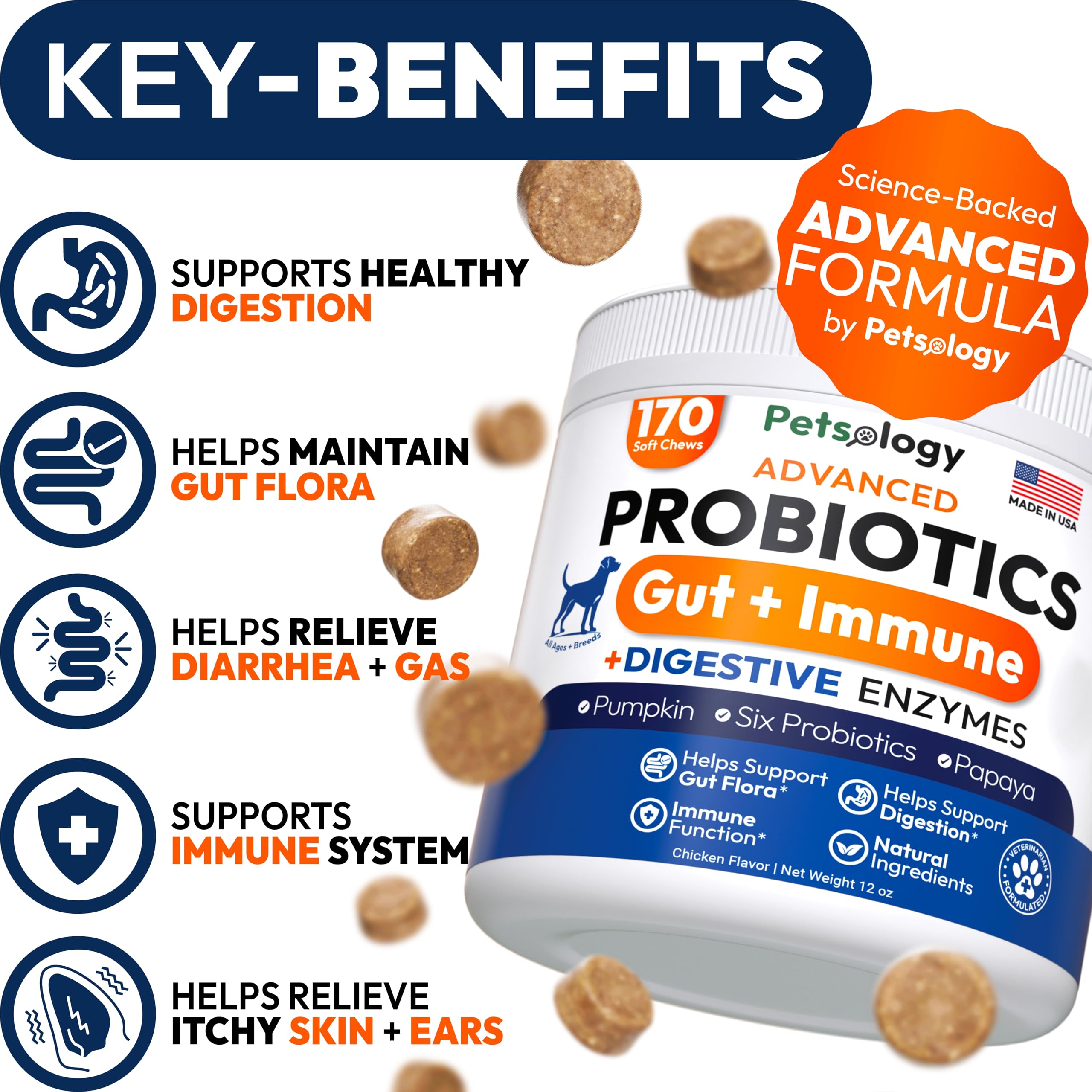 Probiotics for Dogs - 170 Dog Probiotics Chews - Digestive Enzymes & Prebiotics - Support Gut Health, Diarrhea, Gas & Constipation Relief - Itchy Skin, Allergies, Yeast Balance - Advanced Supplement PetsologyAu supplements