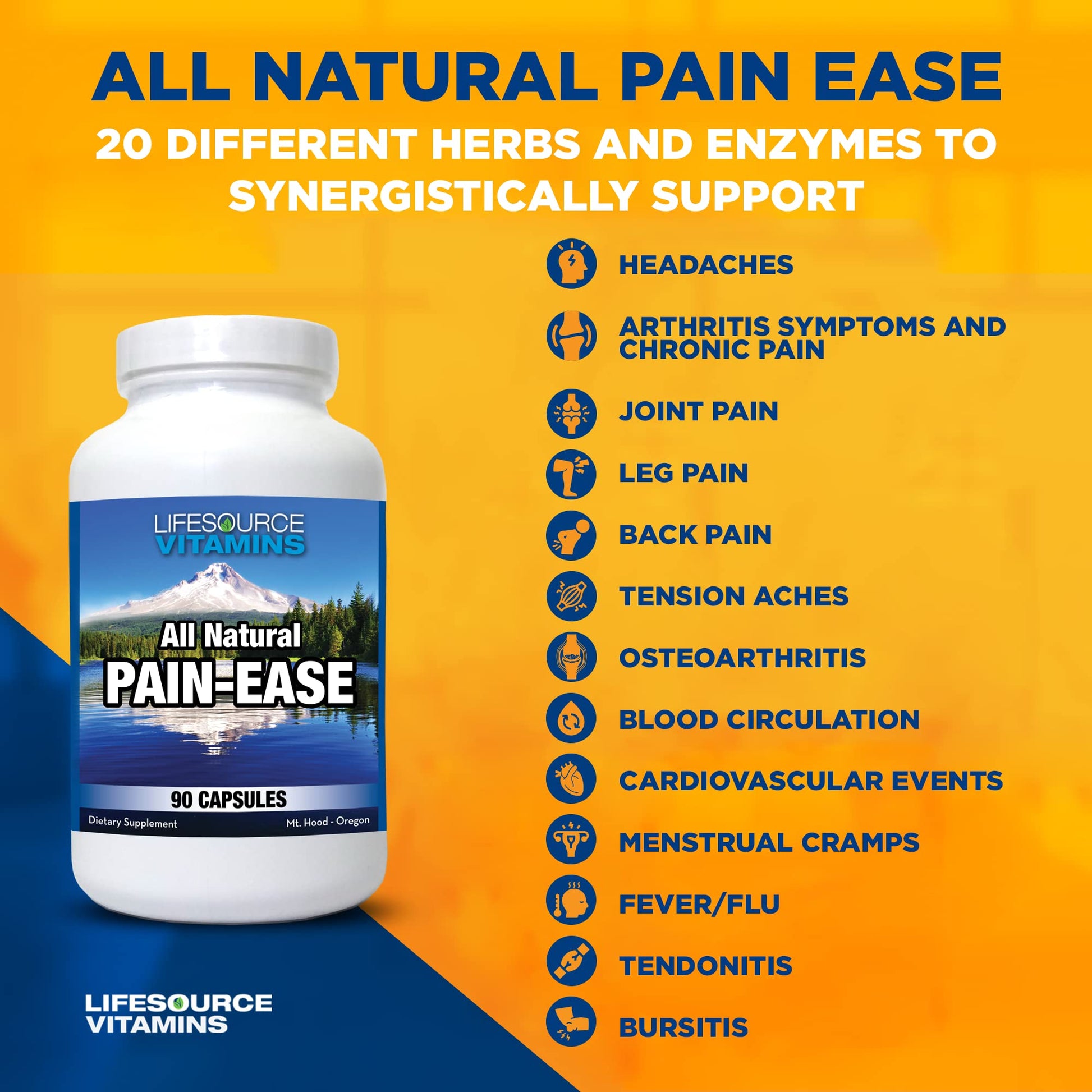 LifeSource Vitamins All Natural Pain Ease – 20 Synergistic Herbs and Enzymes That Naturally & Safely Support: Headaches & Migraines - Knees – Shoulders – Joints – Leg Pain – Tension LifeSource VitaminsAu supplements