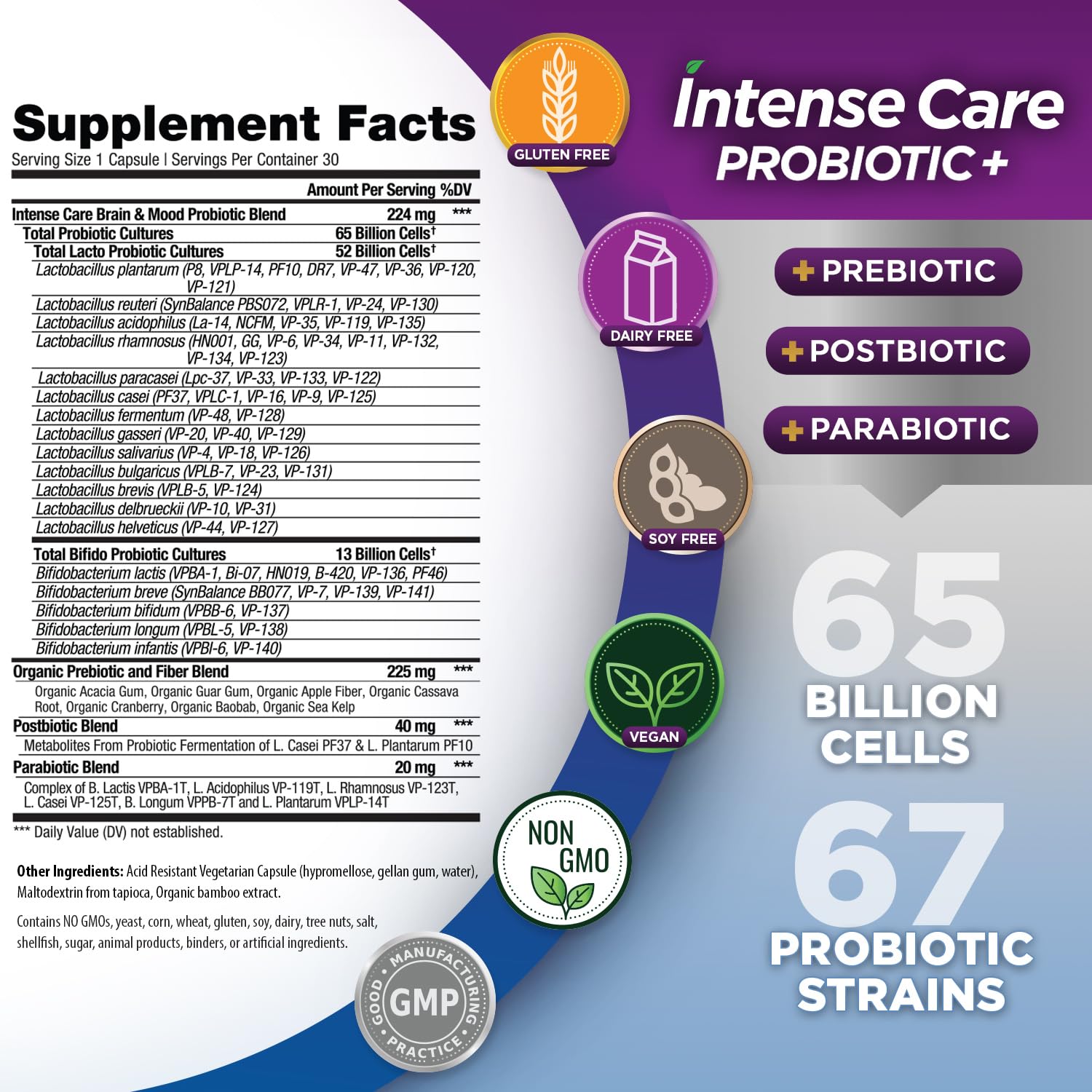 Vital Planet - Intense Care Brain & Mood Probiotics, Organic Prebiotics, Postbiotics, Parabiotics, Complete 4-in-1 Health Supplement for Adults, 65 Billion CFU, 67 Strains, Digestive and Immune 30 ct Vital PlanetAu supplements