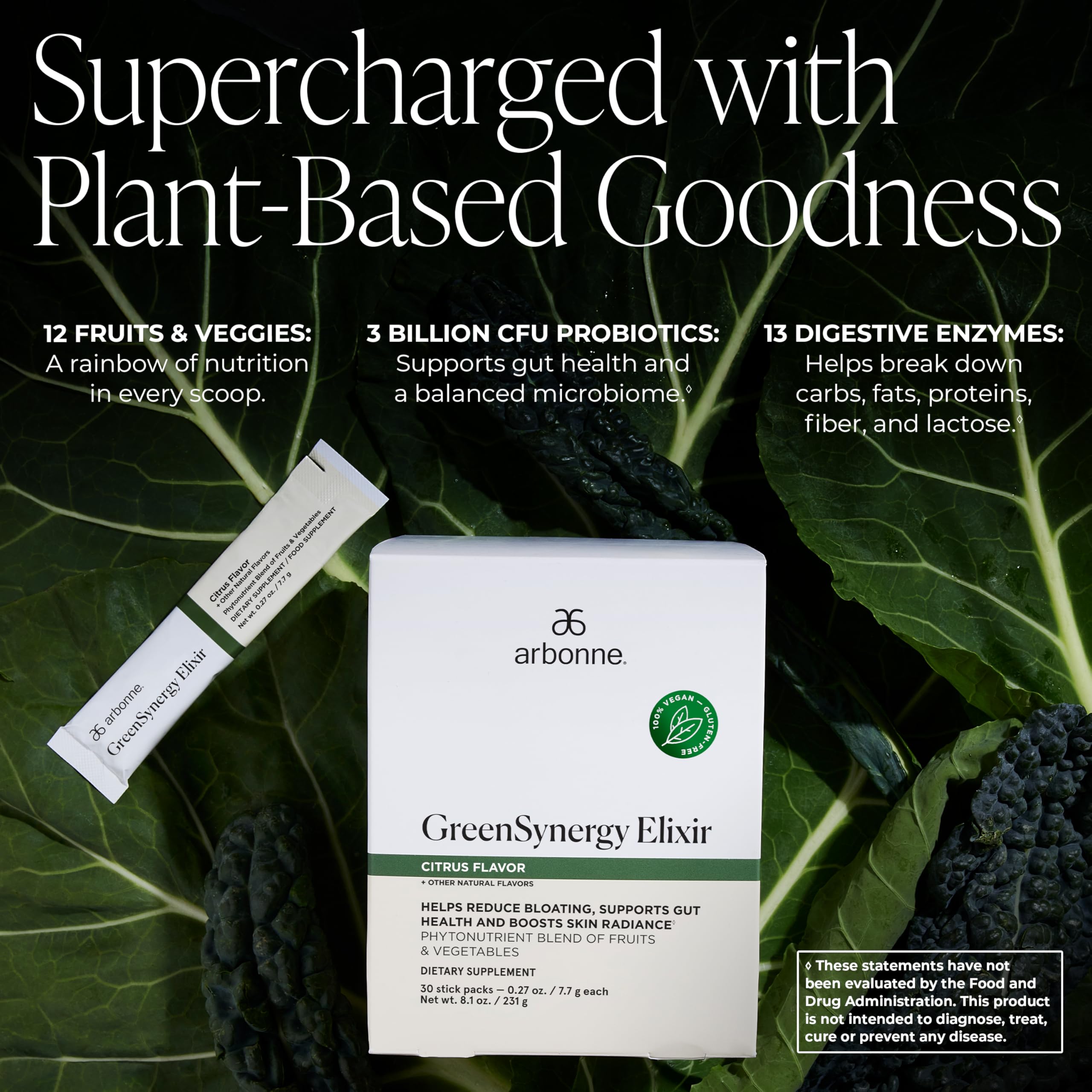 Arbonne GreenSynergy Elixir – Citrus-Flavored Greens Powder with 13 Digestive Enzymes, Vegan Collagen Builder, Probiotics, and Prebiotics – Supports Gut Health and Digestion – 30 Stick Packs ArbonneAu supplements