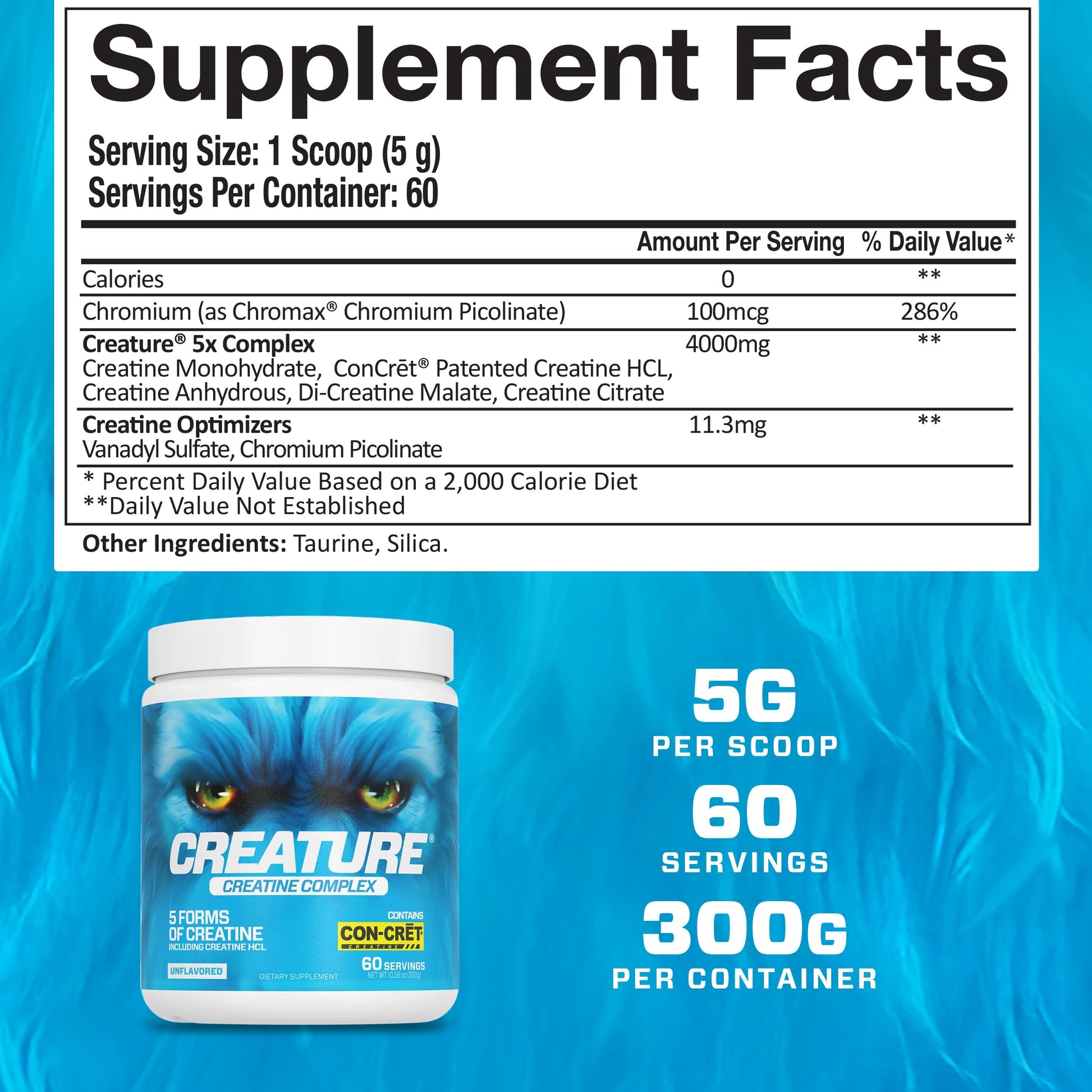 CREATURE® Creatine Complex - Creatine Monohydrate Powder with 5 Types of Creatine Including Con-Crēt® Creatine HCL, Promotes Muscle, Strength, Endurance, Brain Health, Unflavored, 300g 60 Servings CREATUREAu supplements