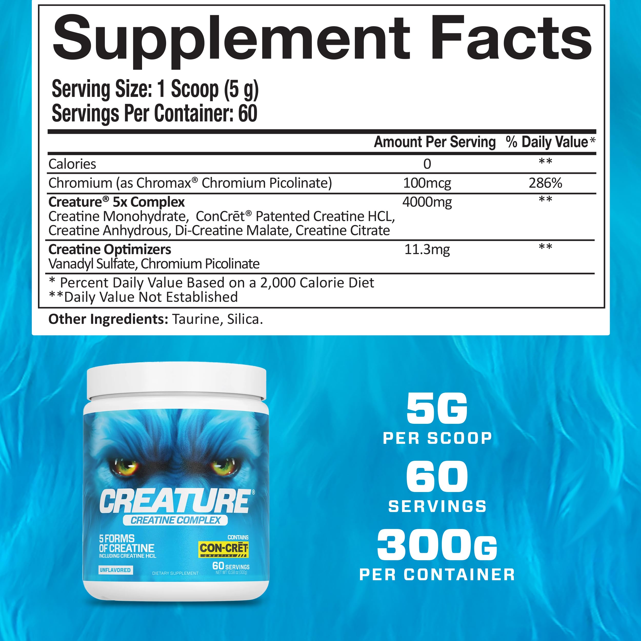 CREATURE® Creatine Complex - Creatine Monohydrate Powder with 5 Types of Creatine Including Con-Crēt® Creatine HCL, Promotes Muscle, Strength, Endurance, Brain Health, Unflavored, 300g 60 Servings CREATUREAu supplements
