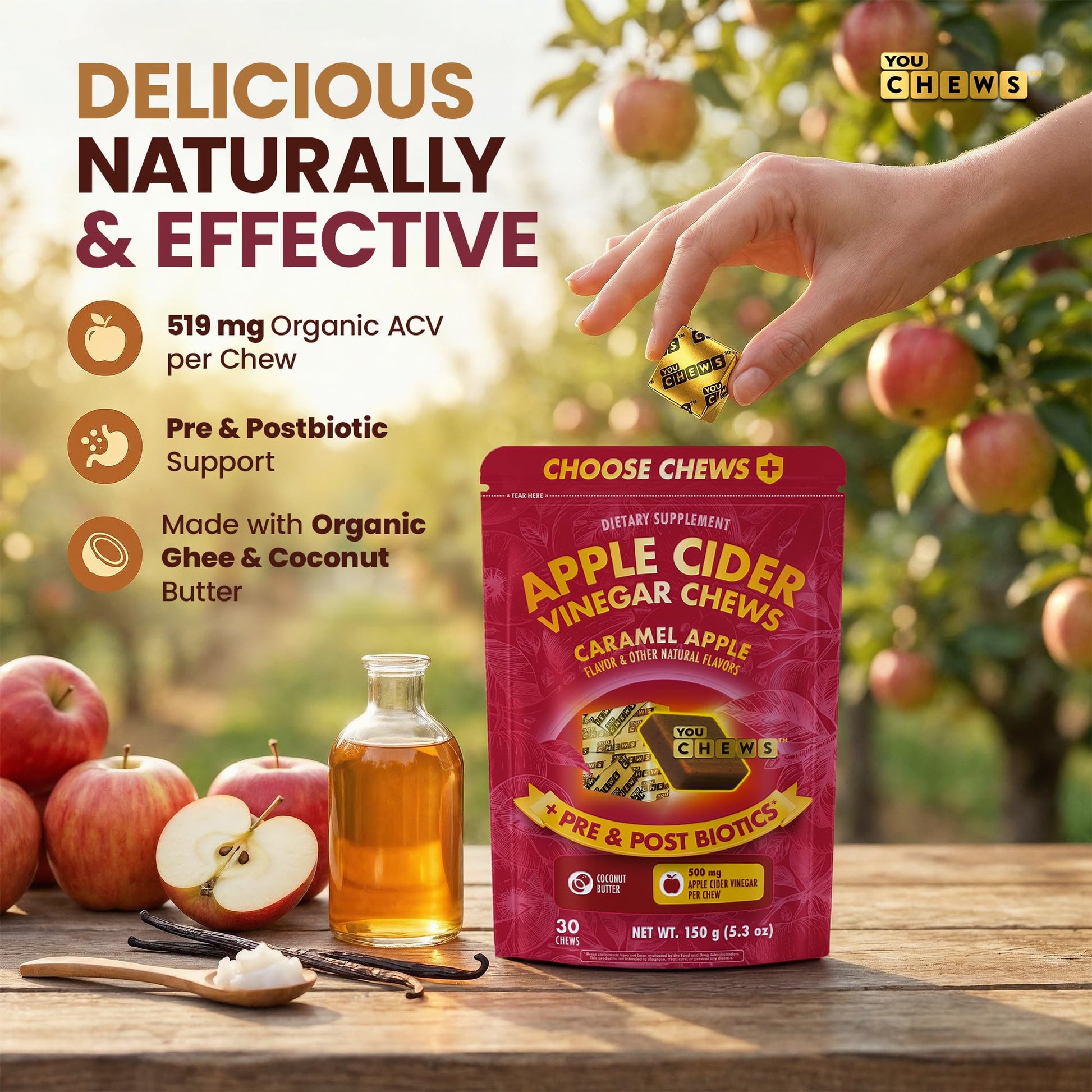 YouChews Apple Cider Vinegar Chews Better Than Apple Cider Gummies - Bloating Relief for Women and Men, 500mg Organic ACV with Prebiotics & Postbiotics, Low Sugar, Caramel Flavor, 30 Count YouChewsAu supplements