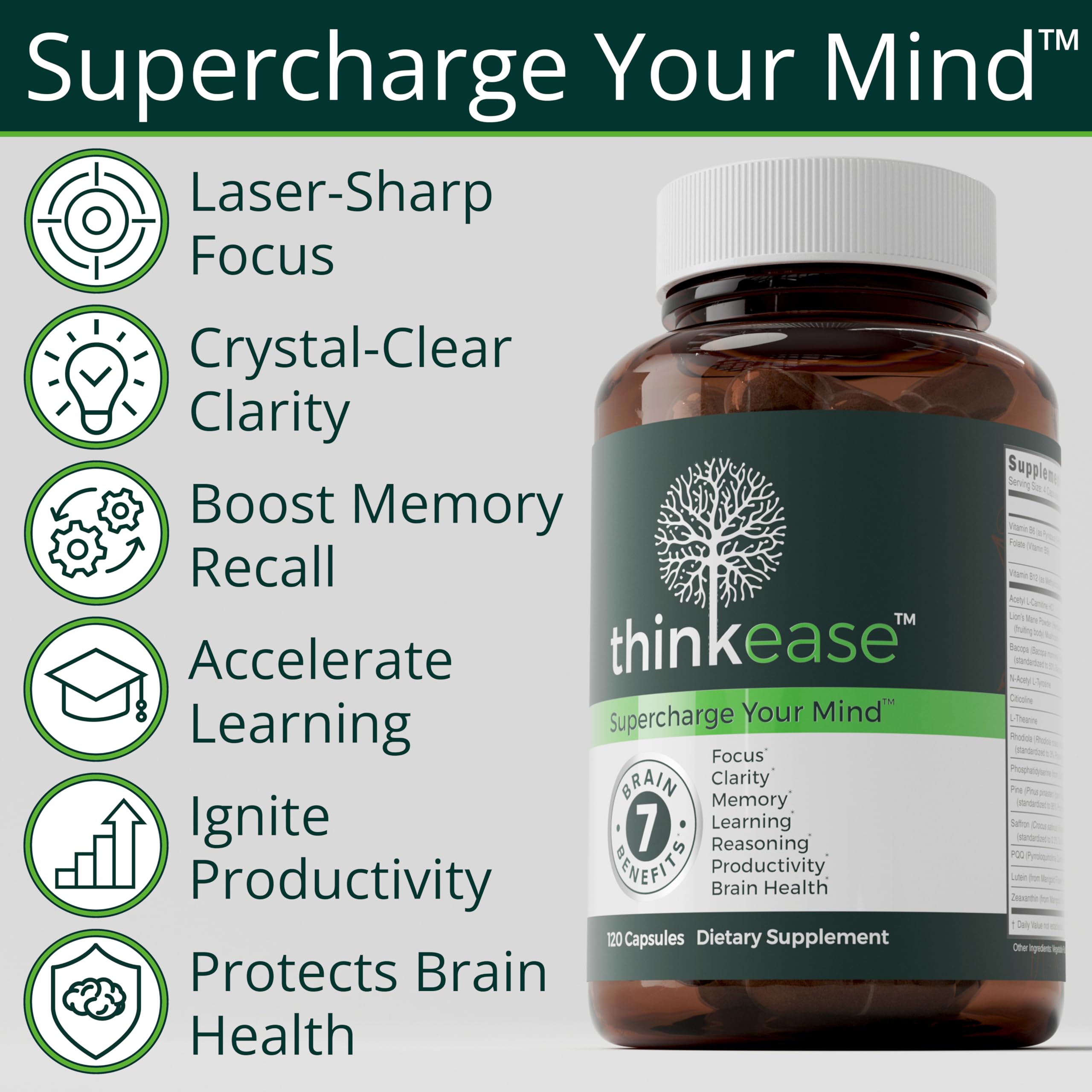 ThinkEase Brain Supplement (120 Capsules) | Memory, Mental Clarity, Focus, Cognitive Performance | Nootropic Supplement with L-Theanine, Acetyl L-Carnitine, Phosphatidylserine, Lion's Mane & More ThinkEaseAu supplements