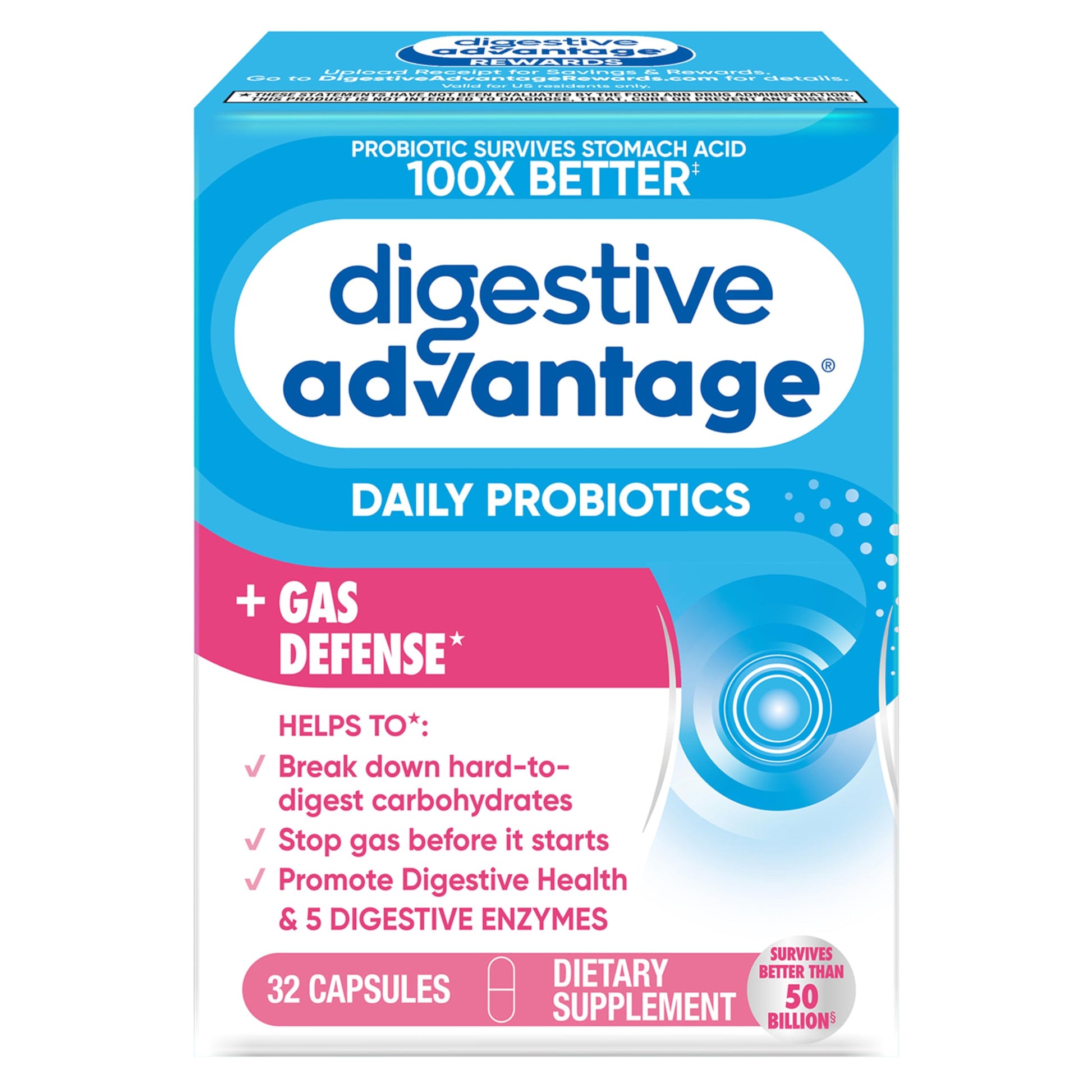 Digestive Enzyme and Probiotic Capsule- Digestive Advantage 32 Capsules, Survives 100x Better than regular 50 billion CFU, Breaks down food, helps prevent gas Digestive AdvantageAu supplements