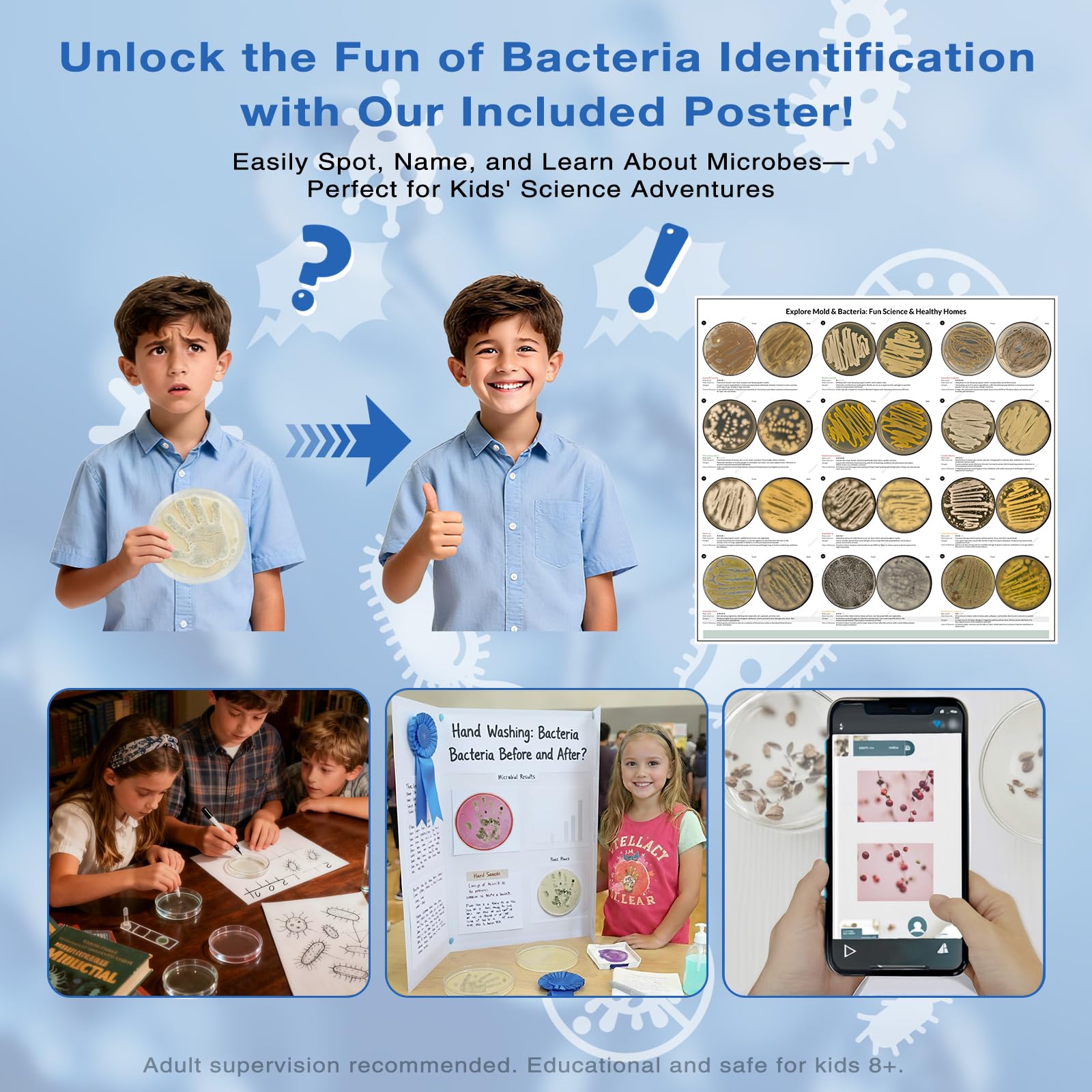 Giant Microbiology Bacteria Science Kit for Kids:2 XL 150mm Prepoured Nutrient Agar Plates, Petri Dishes with Agar & Colony Characteristics Poster for School Projects & Educational Gifts MosynexAu supplements