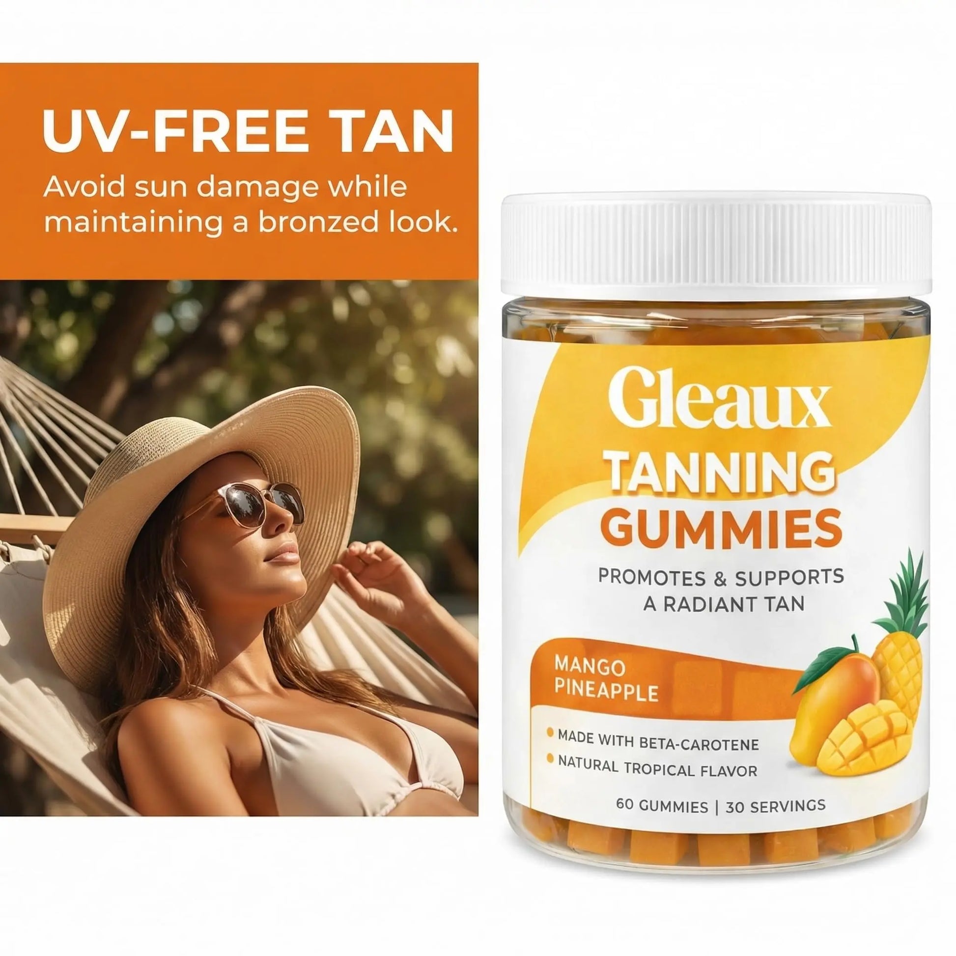 DXWXH Gleaux Tanning Gummies, Tanning Gummies for Women, Sunless Radiance Support with Beta Carotene, Astaxanthin & Lycopene, for Skin Health & Complexion Support, Mango Pineapple Flavor, 60 Gummies DXWXHnz supplements