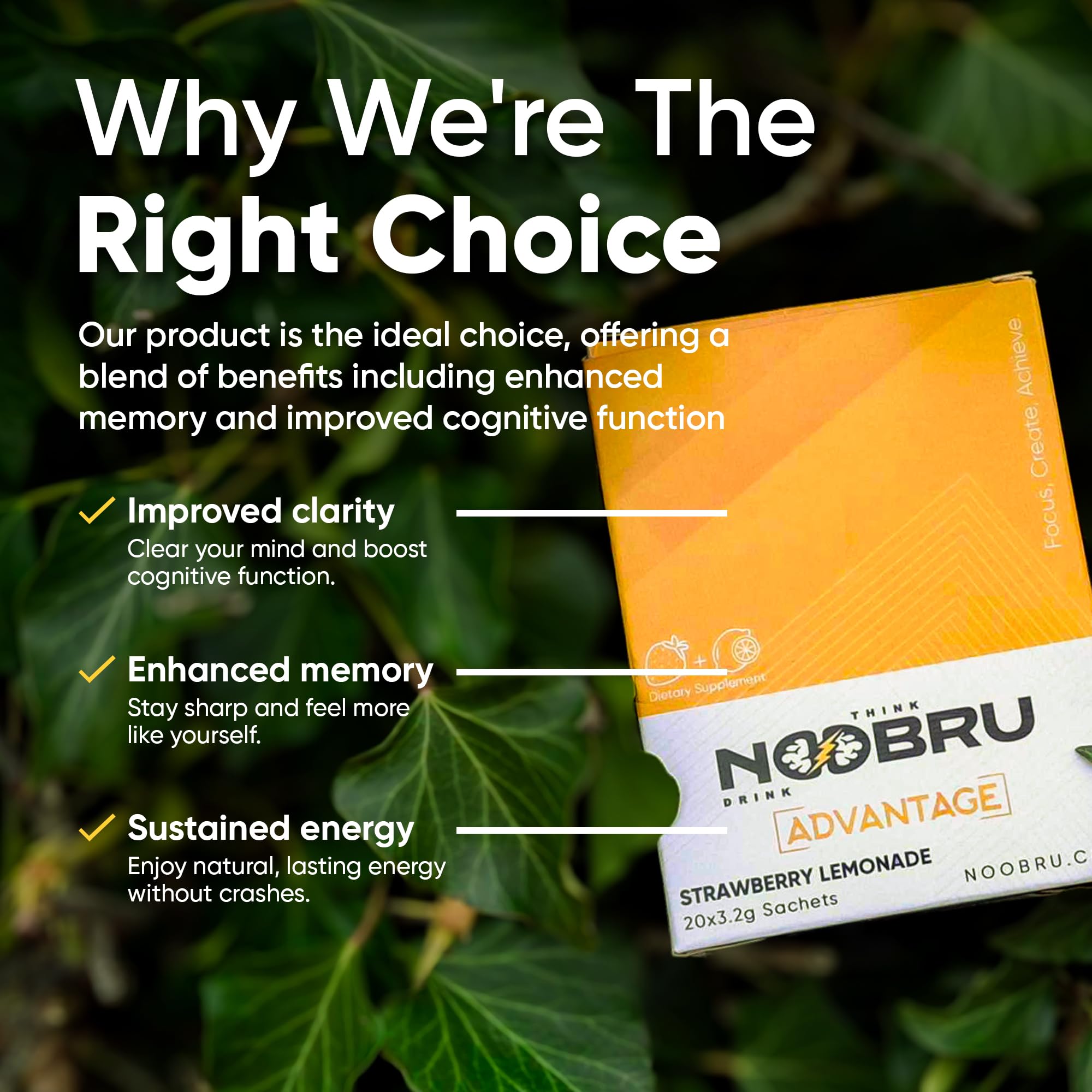 Noobru Аdvantage Nootropic - Delicious Nootropics Brain Supplement with 11 Active Ingredients - Natural Cognitive Enhancer - 20 Strawberry Lemonade Sachets - 1 Month Supply, 20 Count (Pack of 1) NoobruAu supplements