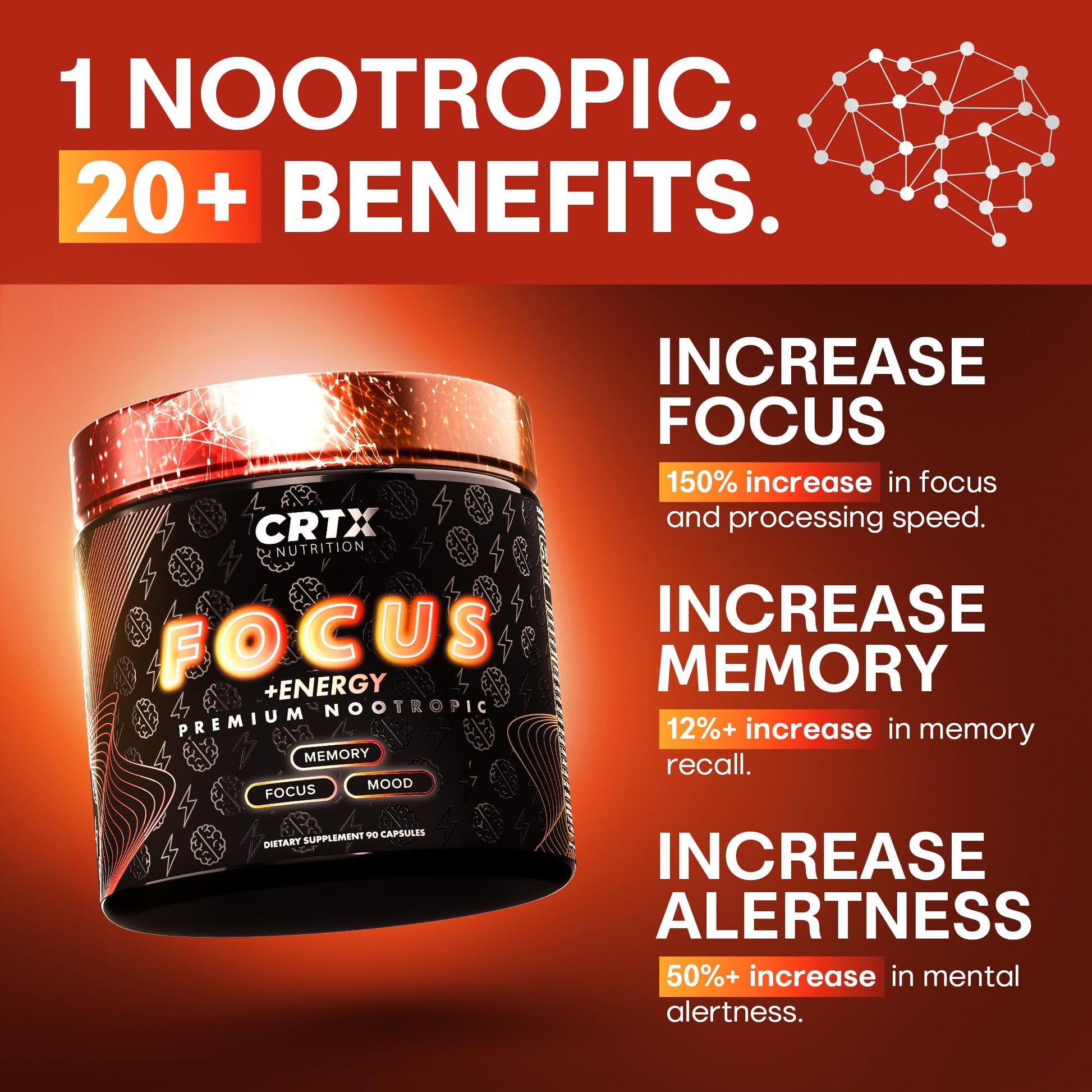 Nootropic Strongest Focus Supplement - Clinically Backed Ingredients Made in USA - Scientifically Backed Doses - Supplement for Brain Fog - AlphaGPC, Lions Mane, Rhodiola and More 10:1 90 Capsules CRTX NutritionAu supplements