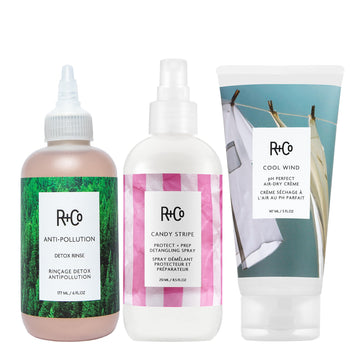 R+Co TEACUP Anti-Pollution Detox Rinse, CANDY STRIPE Protect + Prep Detangling Spray & COOL WIND pH Perfect Air Dry Crème Bundle – Hydration, Protection & Styling for All Hair Types R+CoAu supplements
