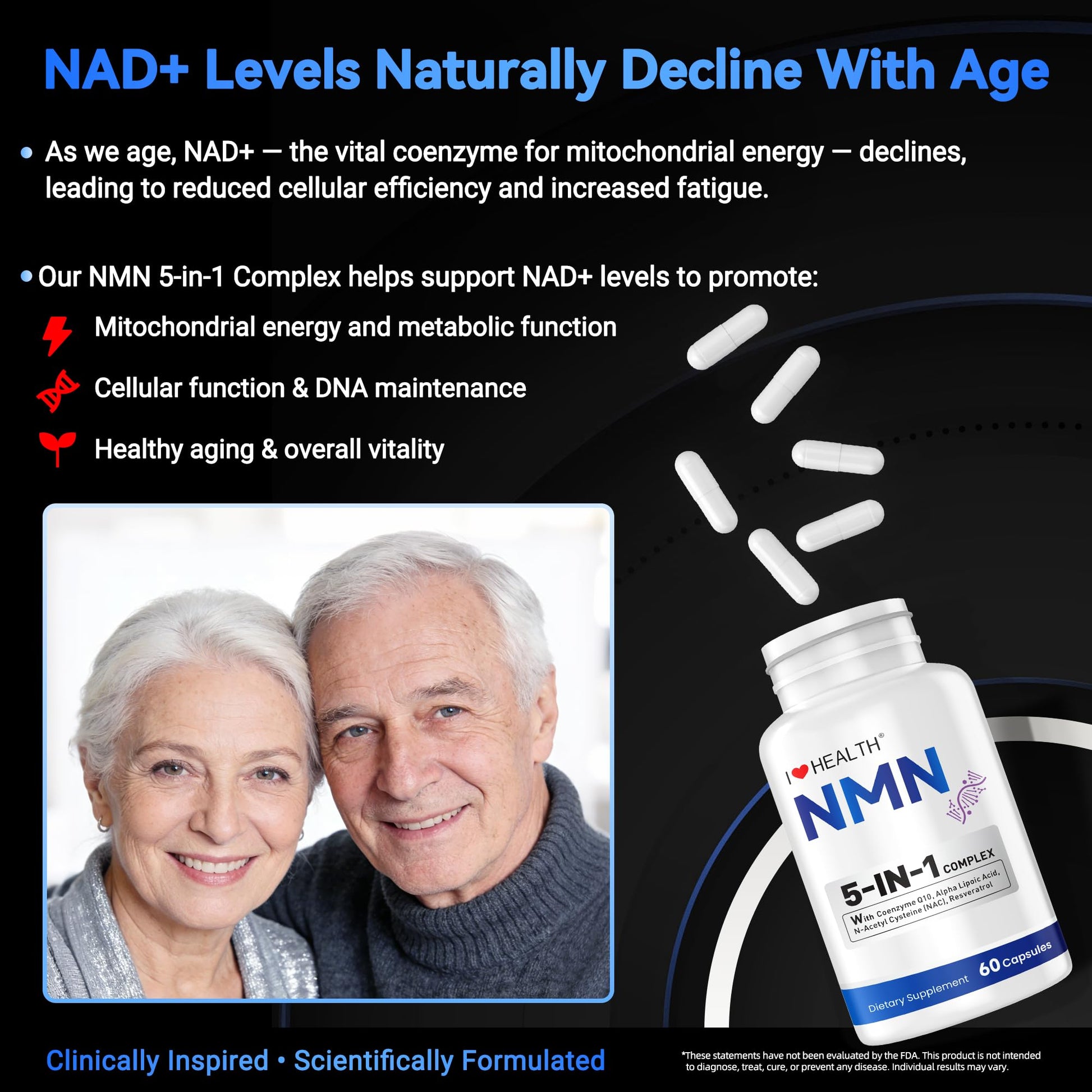 I LOVE HEALTH NMN Supplement, 5-in-1 Complex with NAC, Alpha Lipoic Acid, CoQ10 & Resveratrol - High Absorption Anti Aging Formula - Third Party Tested, cGMP, Gluten Free - 60 Capsules I LOVE HEALTHAu supplements