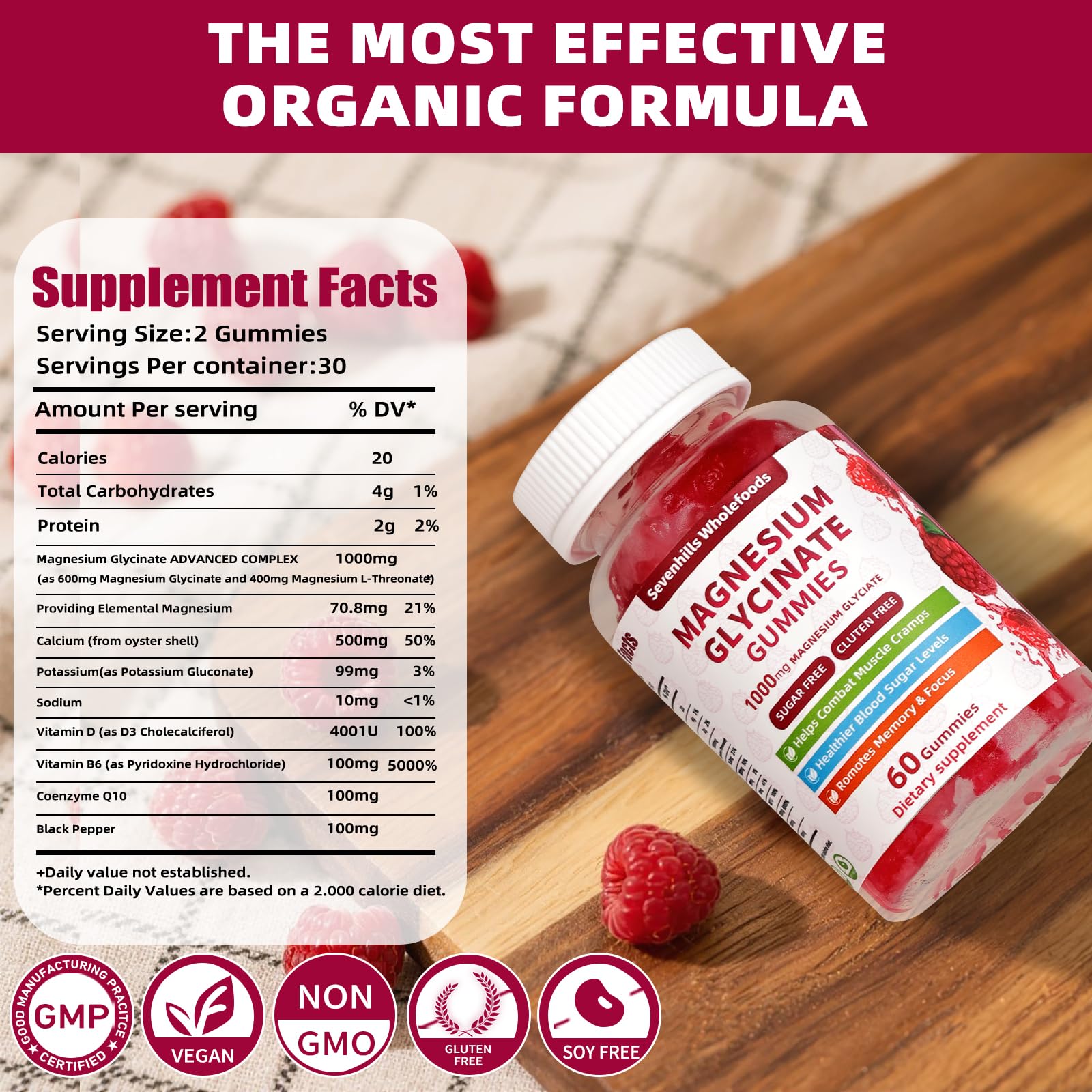 Magnesium Glycinate Gummies 1000mg - Sugar Free Magnesium Potassium Supplement for Relaxation, Calm, Stress Relief, and Sleep Support for Adults & Kids - 60 Raspberry Gummies Sevenhills WholefoodsAu supplements
