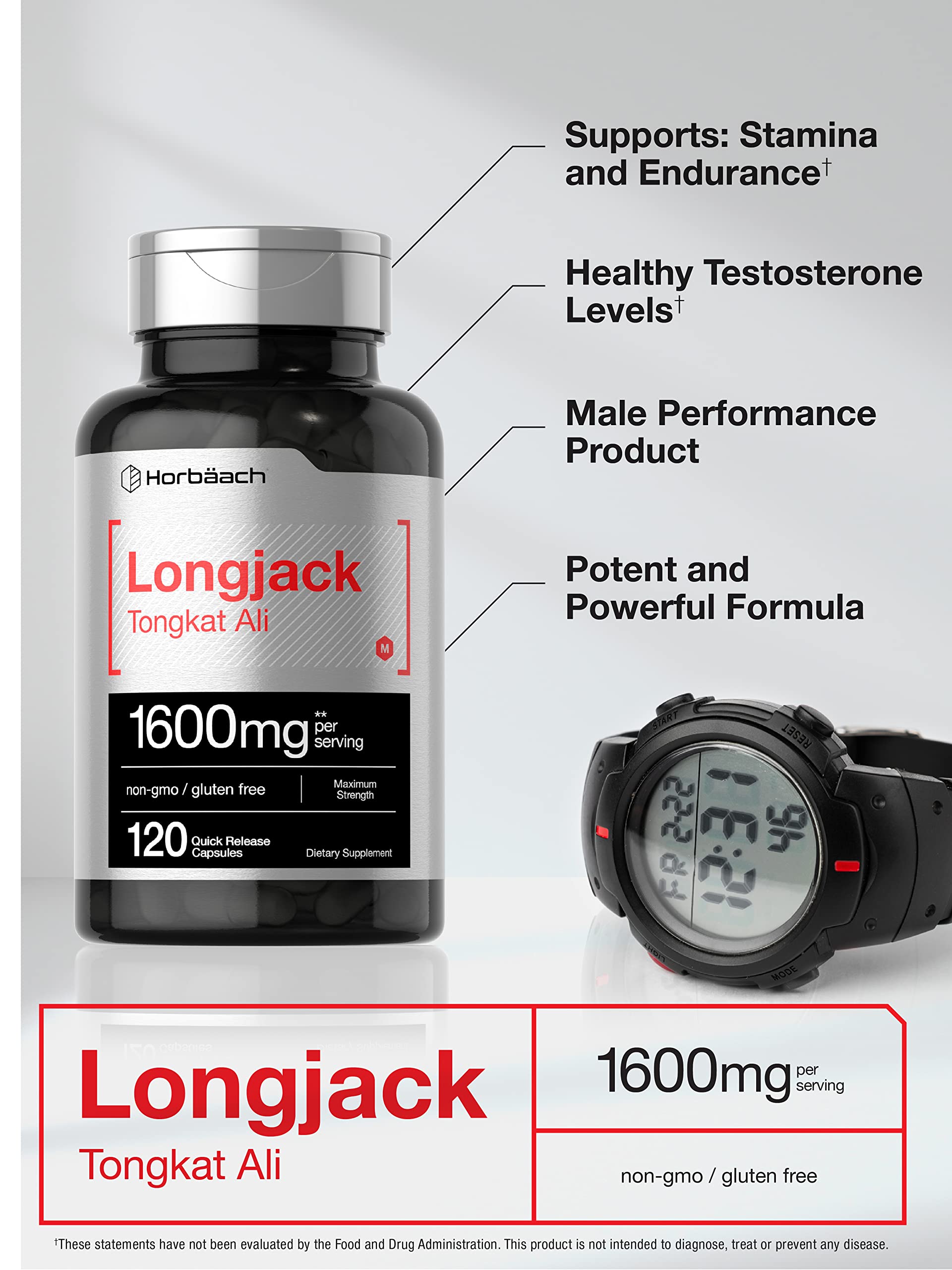 Longjack Tongkat Ali 1600 mg | 120 Capsules | Longifolia Root Extract Powder | Maximum HorbäachAu supplements