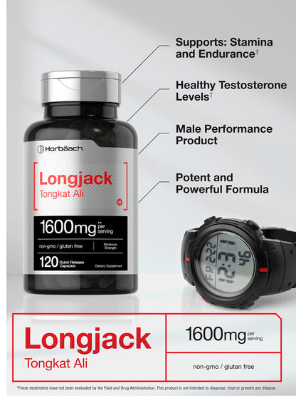Longjack Tongkat Ali 1600 mg | 120 Capsules | Longifolia Root Extract Powder | Maximum HorbäachUS supplements