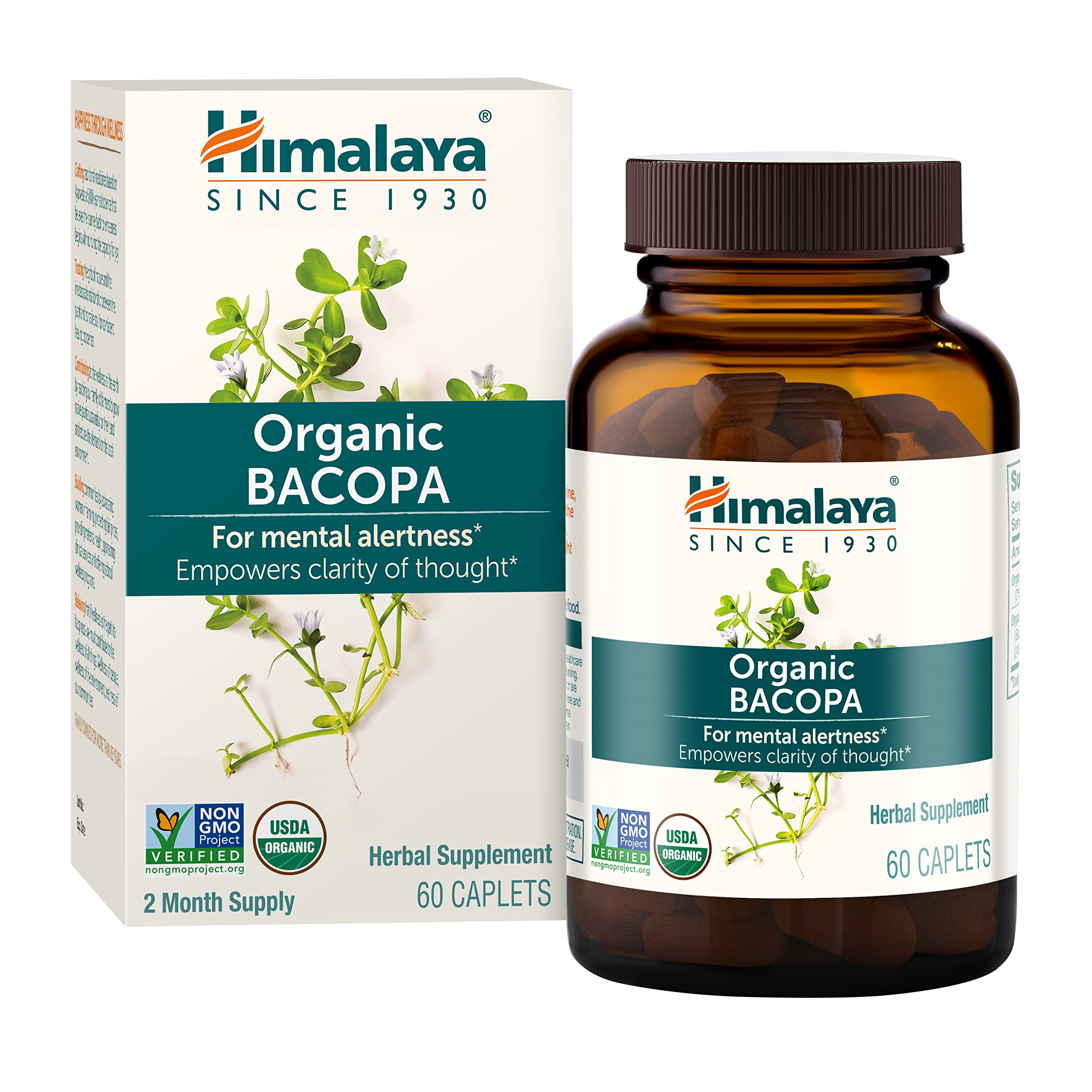 Himalaya Bacopa Monnieri Nootropic Herbal Supplement, Supports Calm, Memory, Cognition, USDA Certified Organic, Non-GMO, 750 mg, 60 Plant-Based Caplets, 60 Day Supply HimalayaAu supplements