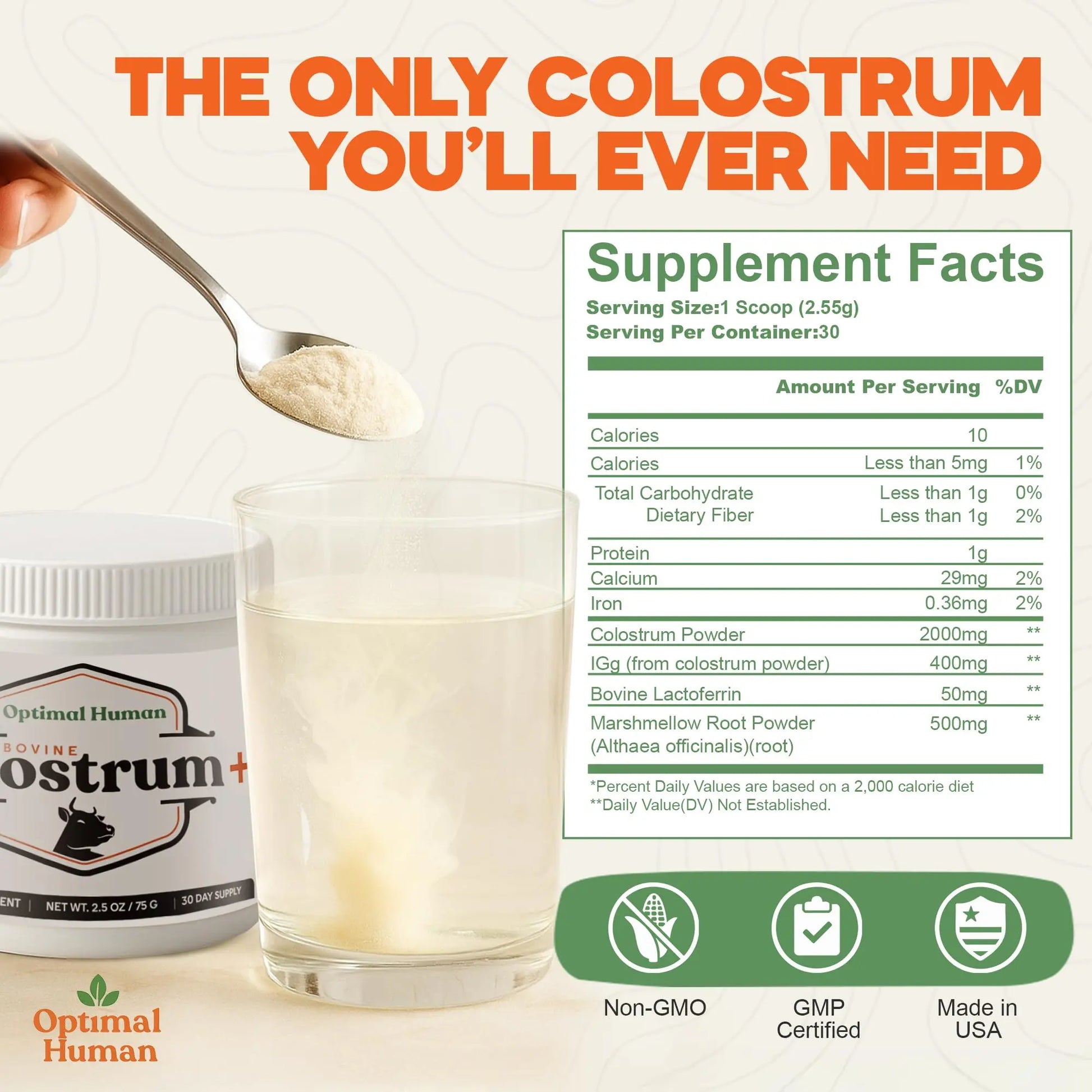 O H Optimal Human Bovine Colostrum Powder with Marshmallow Root – Gut & Immune Support Colostrum Supplement Capsules with IgG & Protein – Non-GMO, GMP Certified, Made in USA – Unflavored 30 Servings O Hnz supplements