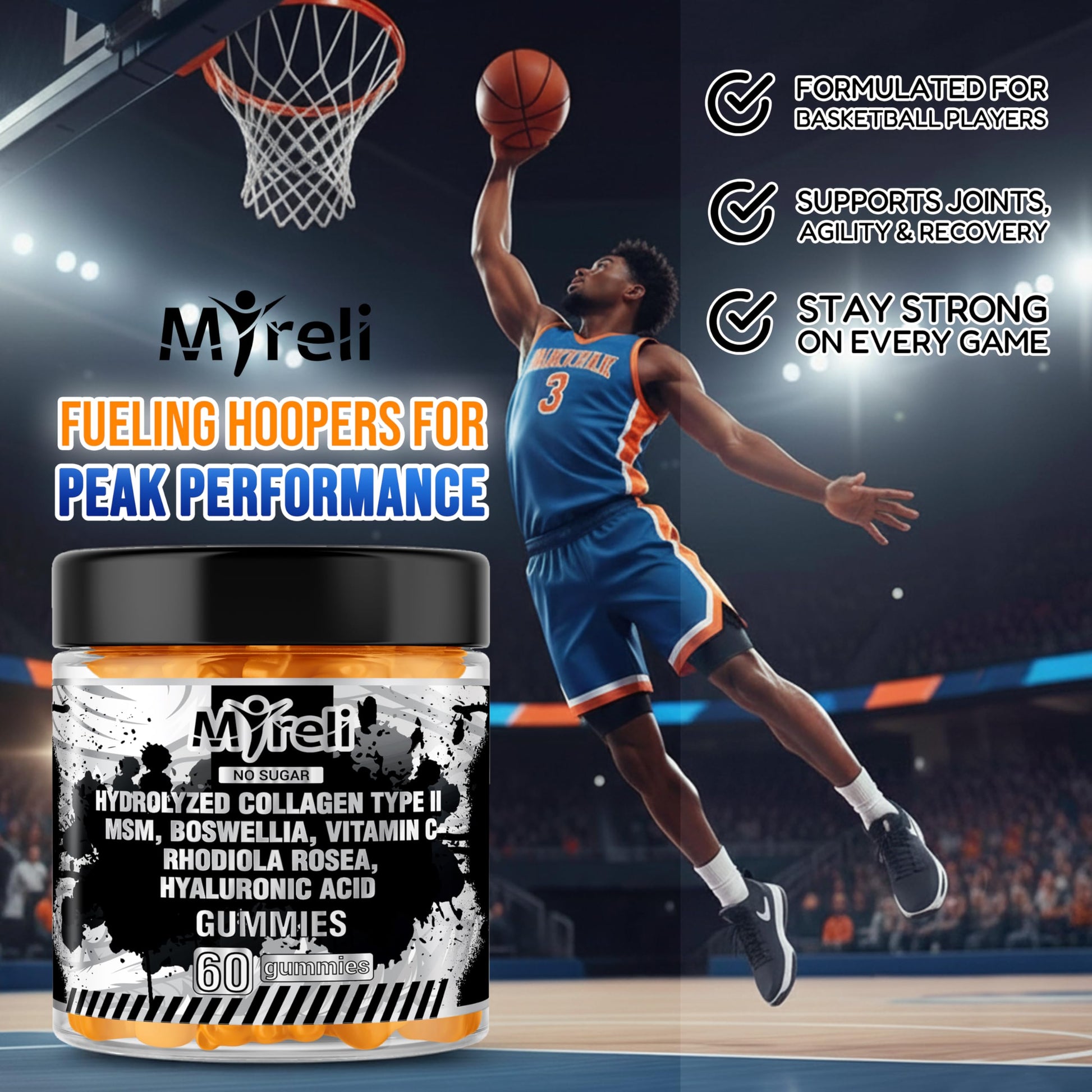 MYRELI Hydrolyzed Collagen Type II 500mg, MSM 700mg, Boswellia 200mg, Vitamin C 400mg, Rhodiola 100mg, Hyaluronic Acid 100mg, Joint Mobility, Flexibility, Basketball Athletes, Vegan, Non GMO, 60 Gummy MYRELIAu supplements