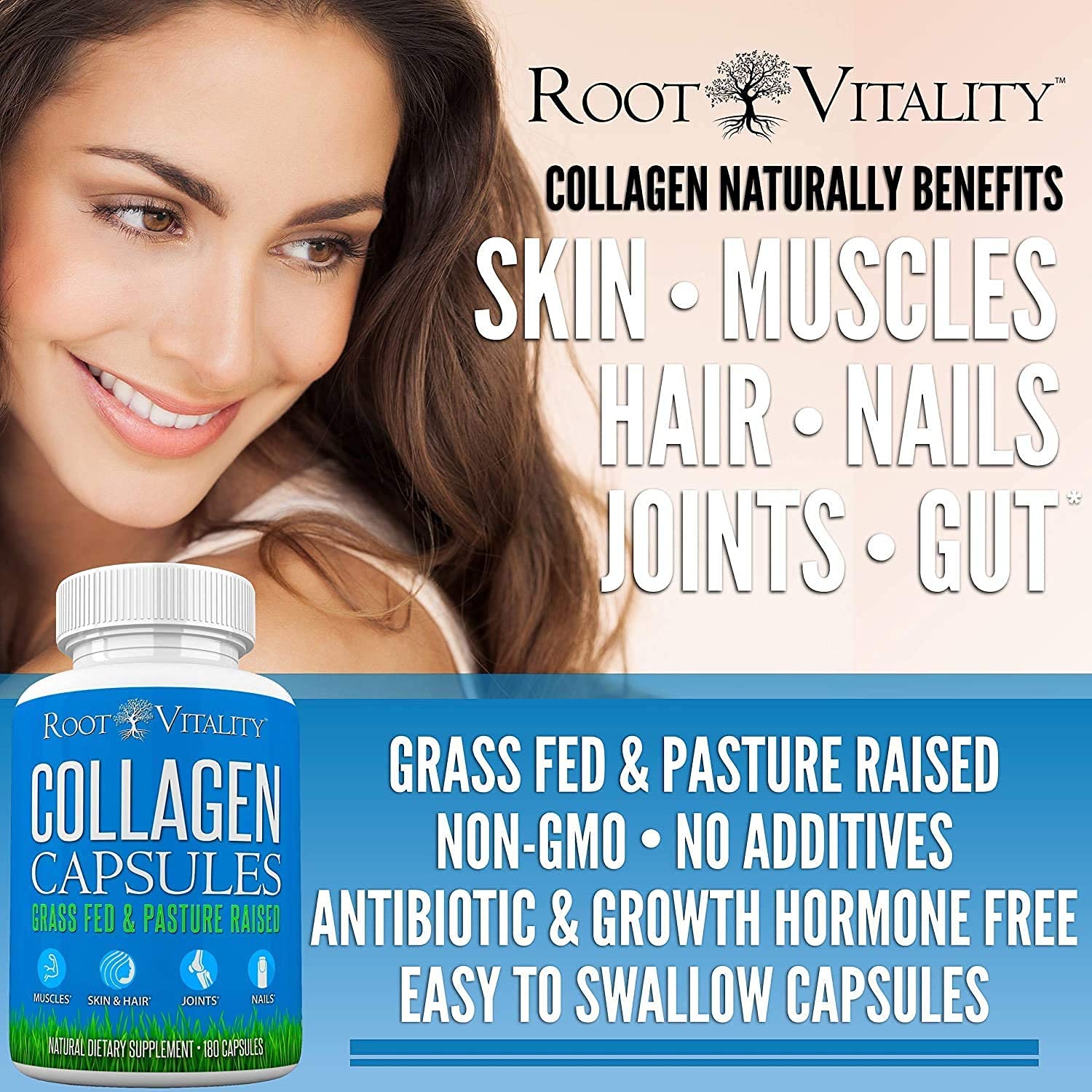 Root Vitality Collagen Peptides Capsules - Grass-Fed, Pasture-Raised Hydrolyzed Protein Supplement for Skin, Hair, & Nails - Non-GMO, Zero Sugar Daily Pills for Men & Women (180 Capsules) Root VitalityAu supplements