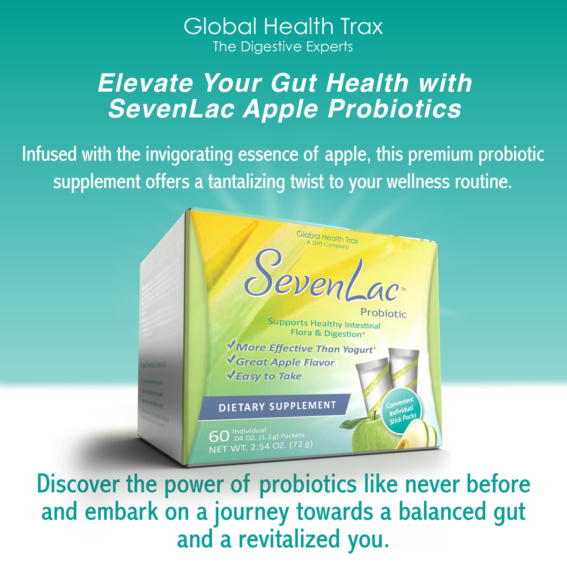 Global Health Trax SevenLac Apple Probiotic Powder Drink Mix, Probiotics for Women, Men, and Kids – Smooth Digestive Support - Relieves Constipation and Gas – 60 Packets, 2.54 Oz, Non-GMO, Gluten-Free ght Global Health TraxAu supplements