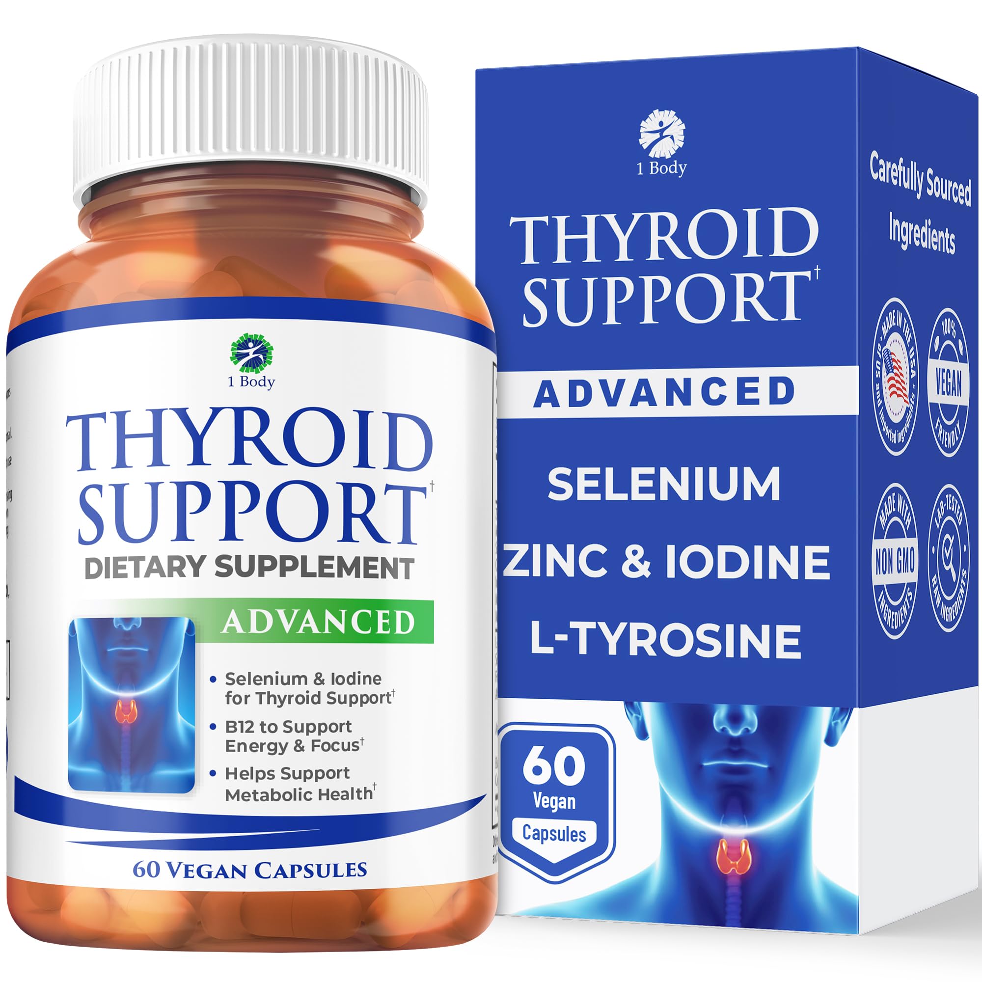 1 Body Thyroid Support Supplement for Women and Men, Selenium with Iodine, Zinc, B12, Ashwagandha and L-Tyrosine, Supports Hormone Health, Energy and Metabolism, 30 Day Supply 1 BodyAu supplements