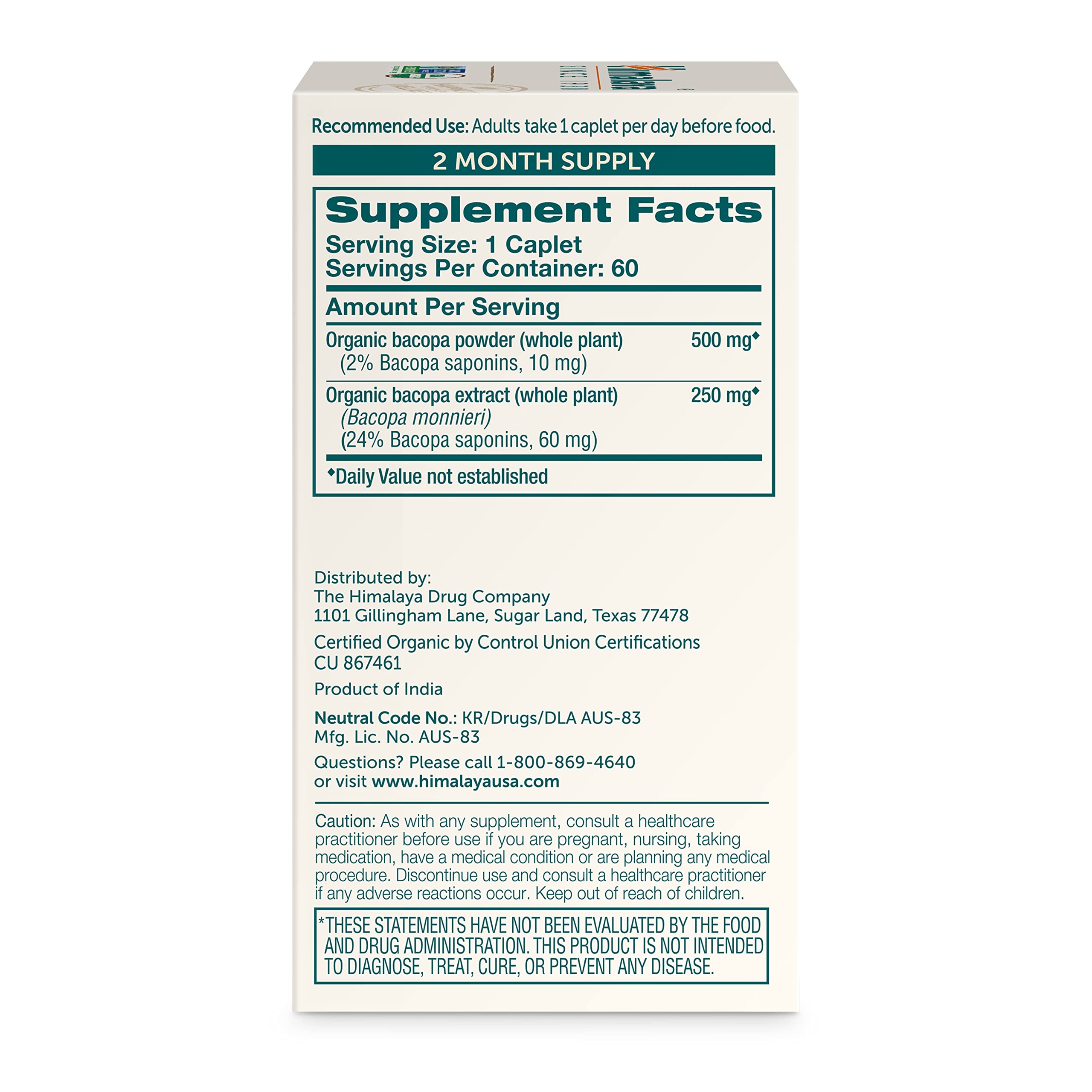 Himalaya Bacopa Monnieri Nootropic Herbal Supplement, Supports Calm, Memory, Cognition, USDA Certified Organic, Non-GMO, 750 mg, 60 Plant-Based Caplets, 60 Day Supply HimalayaAu supplements