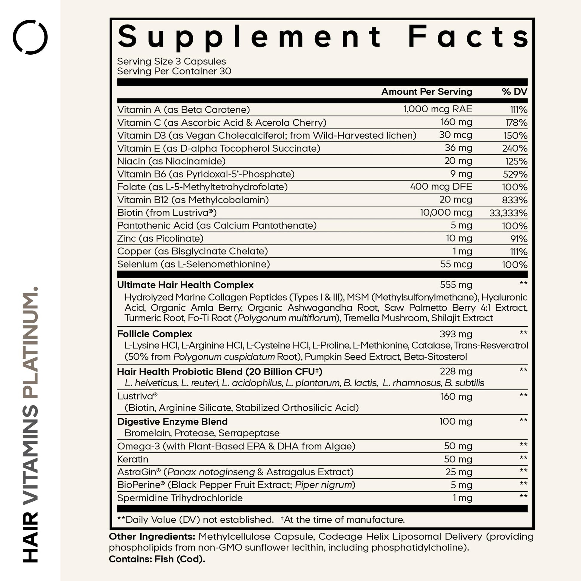 Codeage Hair Vitamins Platinum - Lustriva Hair Growth Support, Spermidine, AstraGin, Biotin, Keratin, Collagen, Enzymes, Omega-3, Multivitamins, Probiotics – Healthy Hair Supplement - 90 Capsules CodeageAu supplements