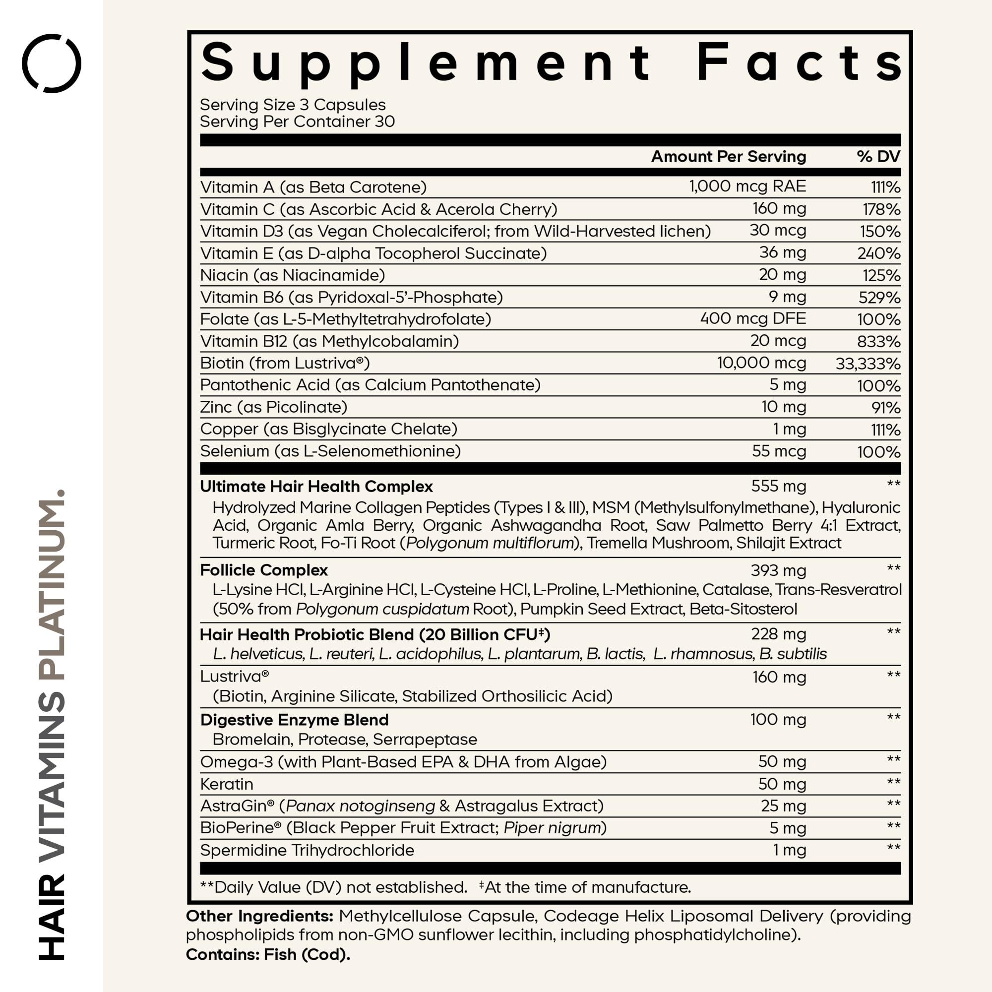 Codeage Hair Vitamins Platinum - Lustriva Hair Growth Support, Spermidine, AstraGin, Biotin, Keratin, Collagen, Enzymes, Omega-3, Multivitamins, Probiotics – Healthy Hair Supplement - 90 Capsules CodeageAu supplements